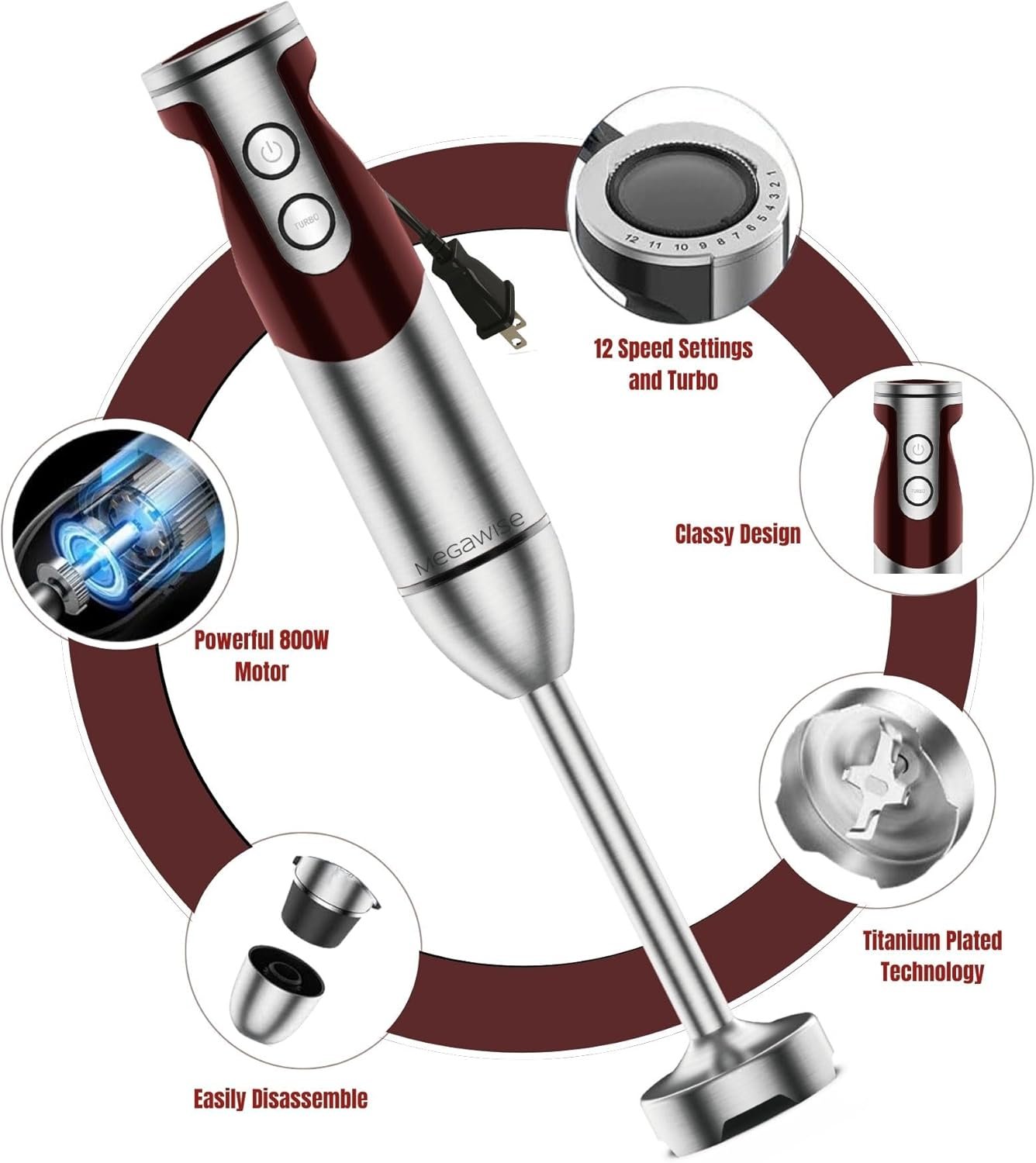 3- in-1 Immersion Hand blender, Powerful MOTOR & Stainless Steel Stick Blender, 4 Sharpe Blades with Whisk, Milk Frother Attachments - Image 2