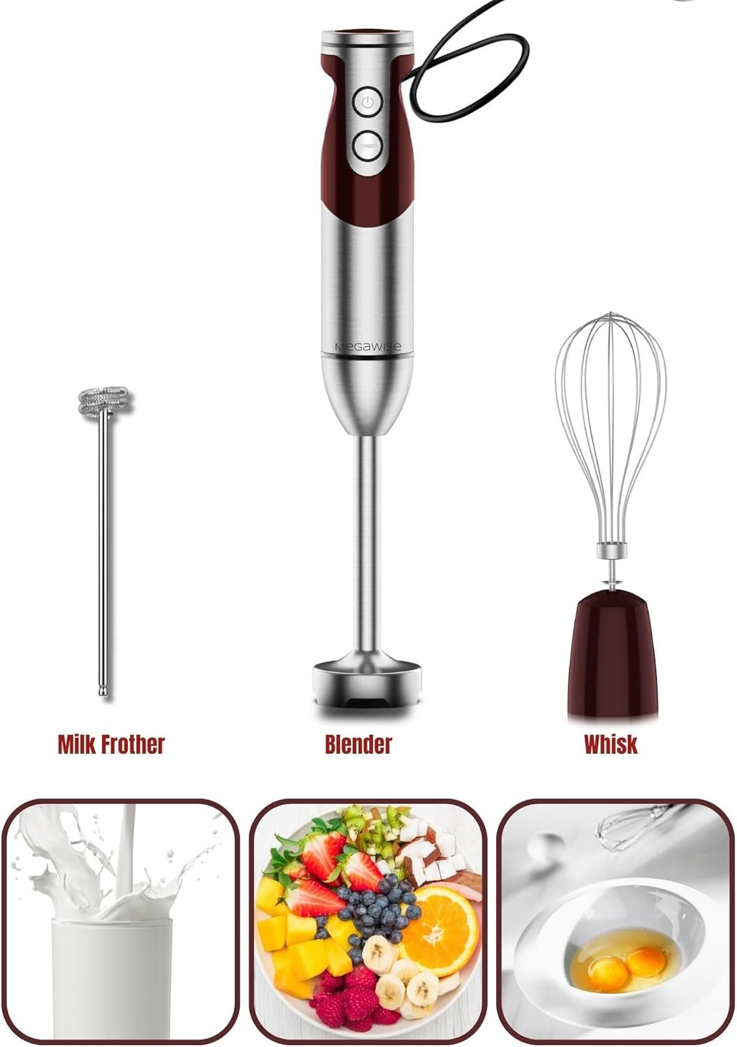 3- in-1 Immersion Hand blender, Powerful MOTOR & Stainless Steel Stick Blender, 4 Sharpe Blades with Whisk, Milk Frother Attachments - Image 3