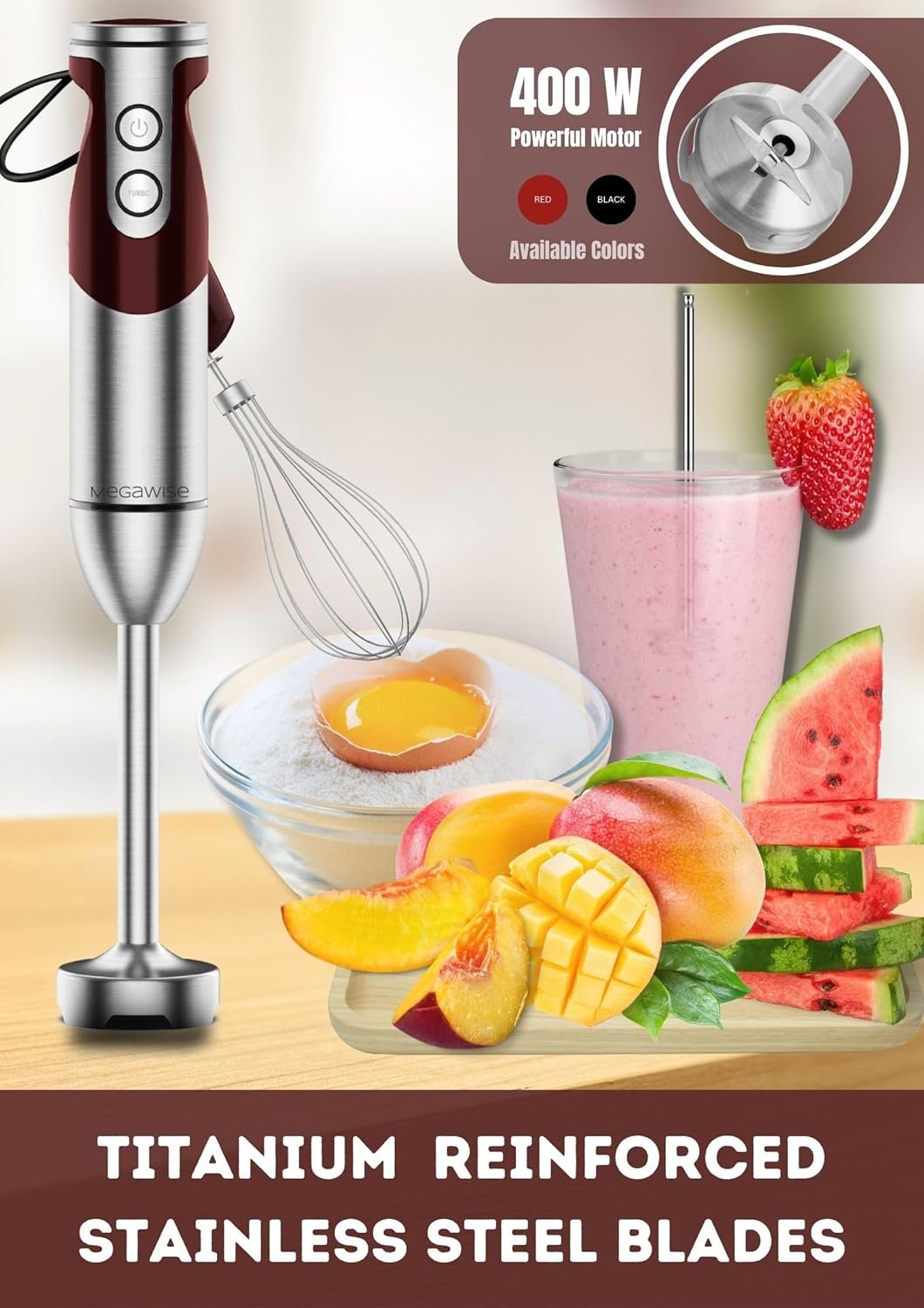 3- in-1 Immersion Hand blender, Powerful MOTOR & Stainless Steel Stick Blender, 4 Sharpe Blades with Whisk, Milk Frother Attachments - Image 4