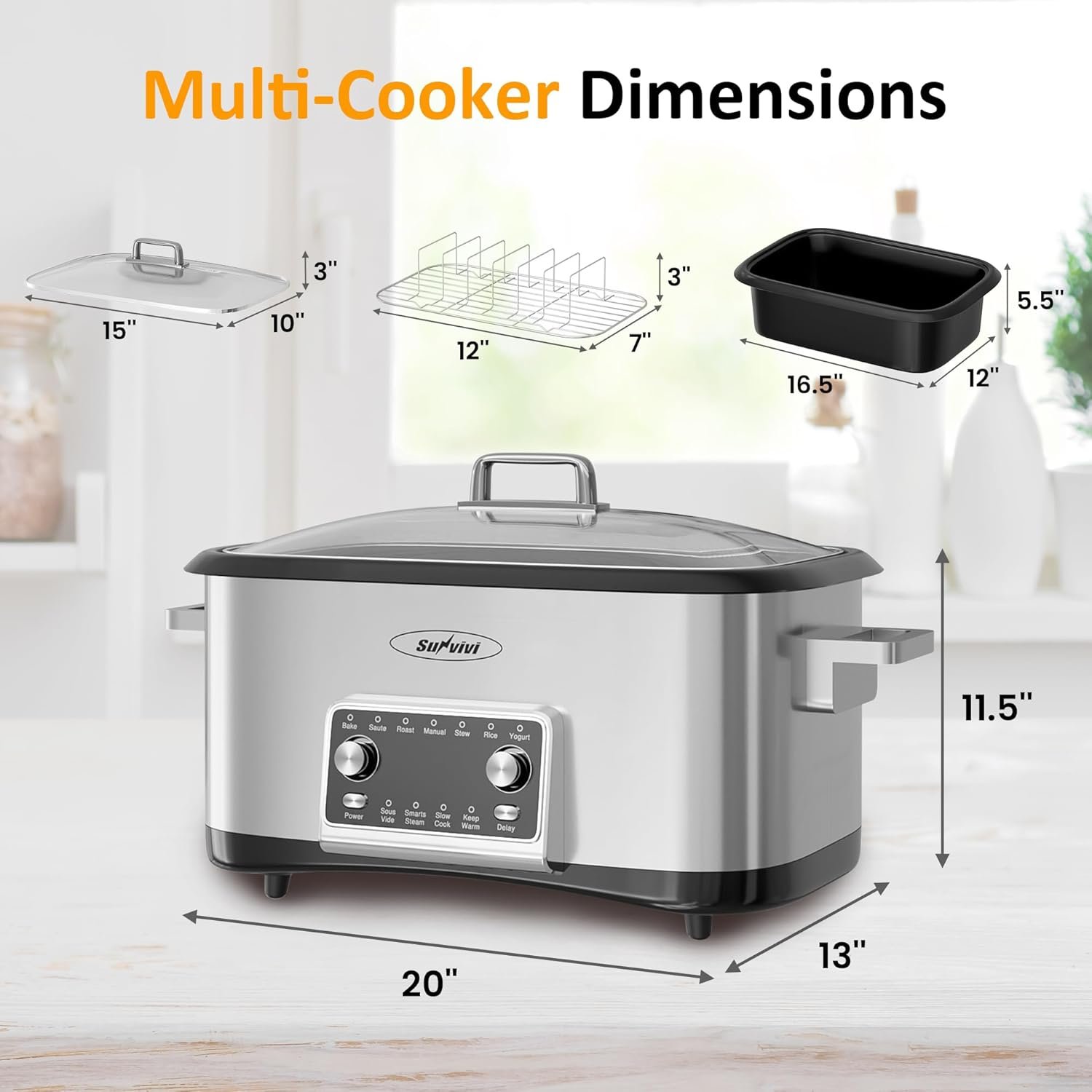 Sunvivi Programmable 8 Quart Slow Cooker, 12 in 1 Multi-Cooker Food Warmer with Digital Timer, Temp Control, Removable Cast Aluminum Pot & Dishwasher-Safe Tempered Glass Lid, Stainless Steel - Image 5