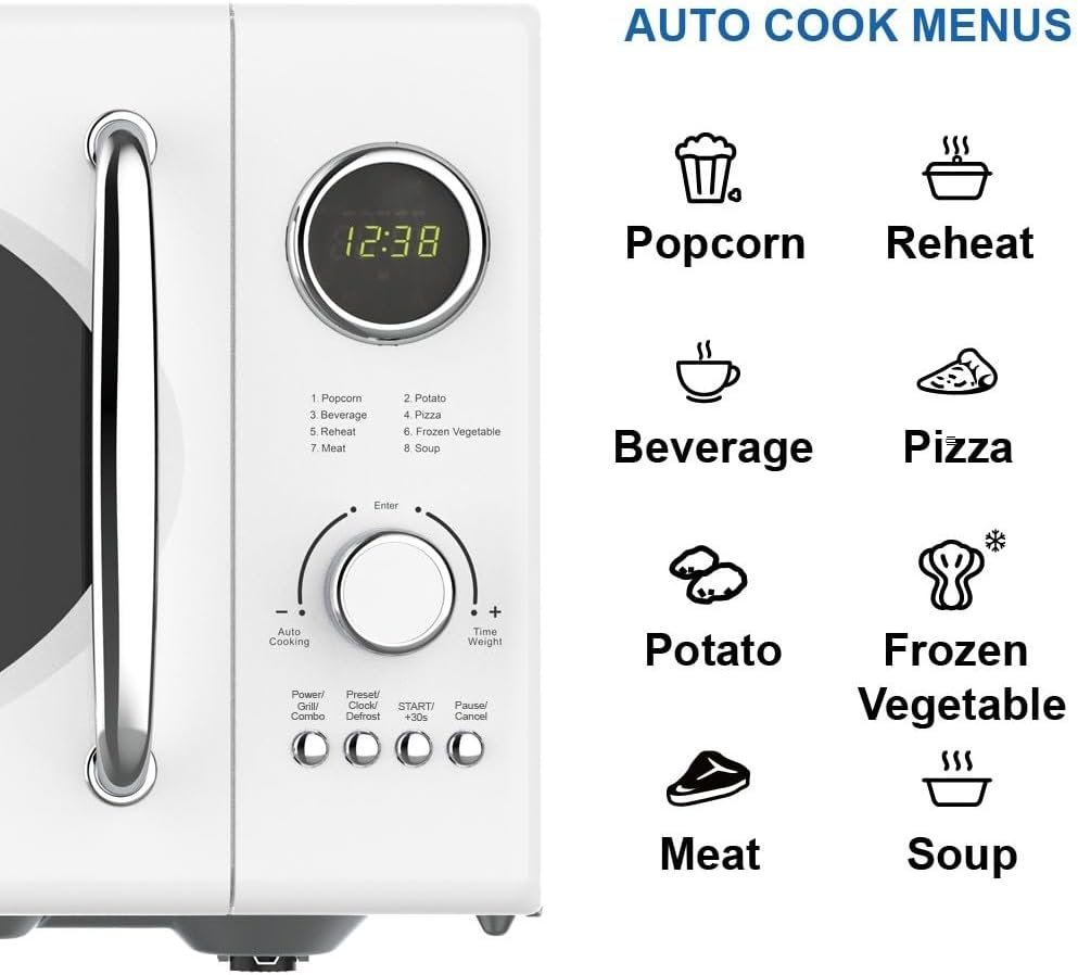 Emerson MWRG0901W Retro Compact Countertop 800W Microwave Oven with 1,000W Grill Function, LED Display 5 Power Levels, 8 Auto Menus, Glass Turntable and Child Safe Lock, 0.9 Cu. Ft, White - Image 5