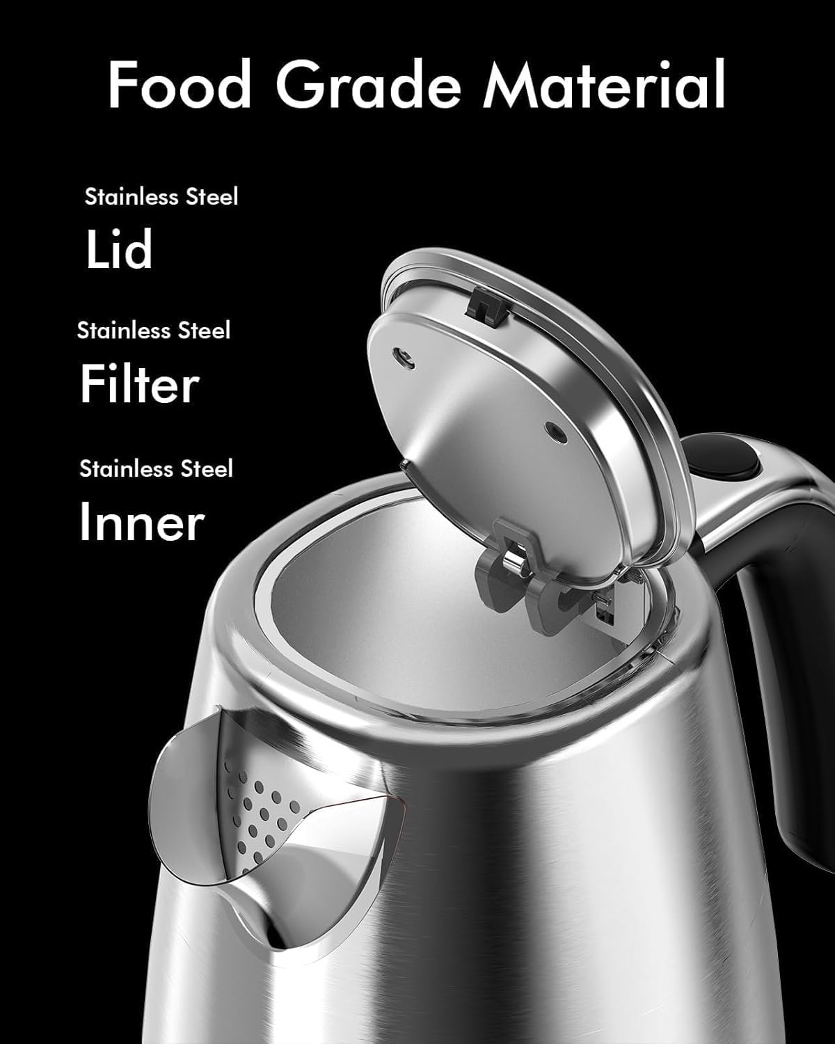 Electric Kettle Stainless Steel, 1.7L 1500W Quick Boil, Retro Style, Auto Shutoff, Boil Dry Protection with Filter & Water Gauge, Perfect for Tea, Hot Water - Image 3