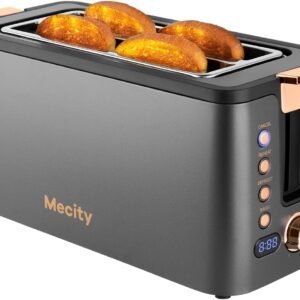 Mecity 4 Slice Toaster, Long Slot Toaster With Warming Rack, Bagel/Defrost/Reheat Functions,Warming Rack, Crumb Tray, 6 Browning Settings, Extra Wide Long Slots, Stainless Steel, 1300W,Grey