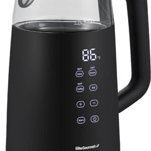 Elite Gourmet EKT8717 1.7L Dual Wall Cool Touch Electric Tea Kettle, Borosilicate Glass, 304 Stainless Steel Interior, Programmed Digital Touchscreen, Keep Warm, Auto Off & Audible Indicator, Black