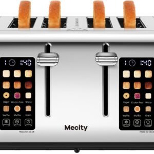 Mecity 4 Slice Toaster with Touch Screen Control, 4 Wide Slots, Stainless Steel Smart Bread Toaster for Bagels, Muffins, Waffles, Dual Control Panel, Timer, Defrost, Reheat, 120V 1650W