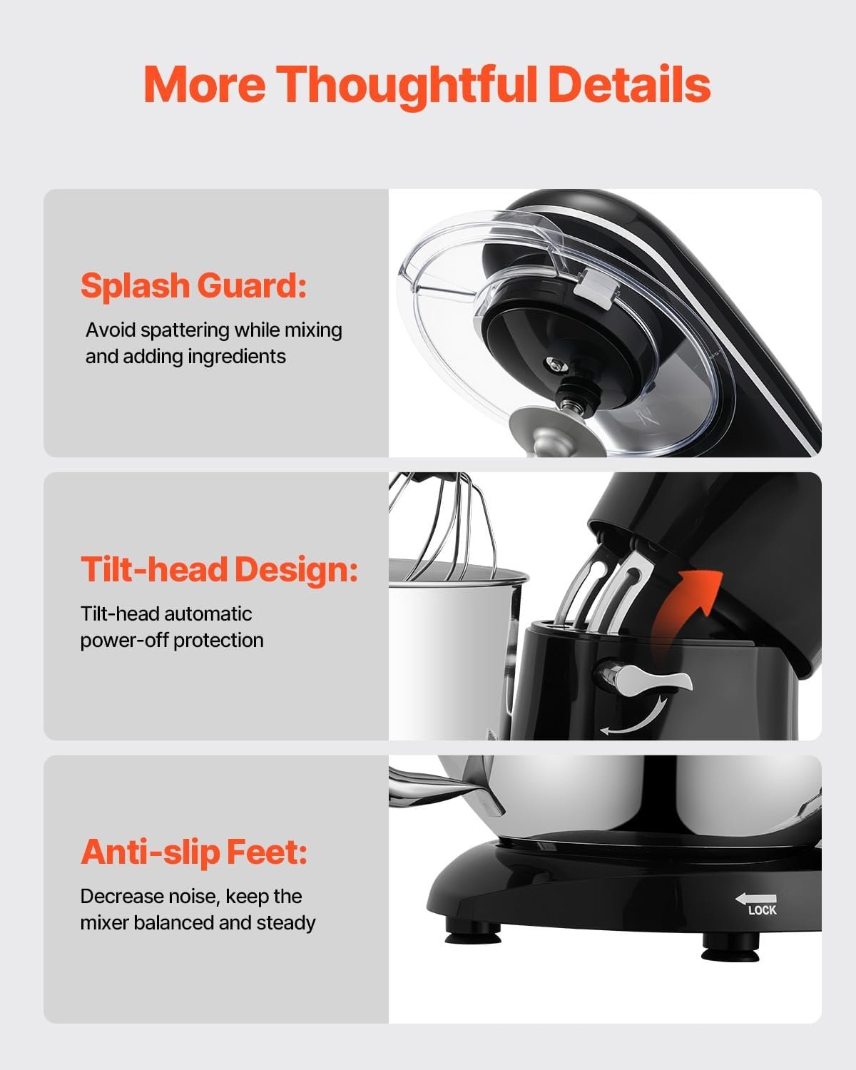 VEVOR Stand Mixer, 6 QT Dough Mixer, 660W 6 + P Speeds Tilt-head Food Mixer with Stainless Steel Bowl, Dough Hook, Wire Whip, Flat Beater, Scraper,Household Stand Mixer for Baking & Mixing, Black - Image 6