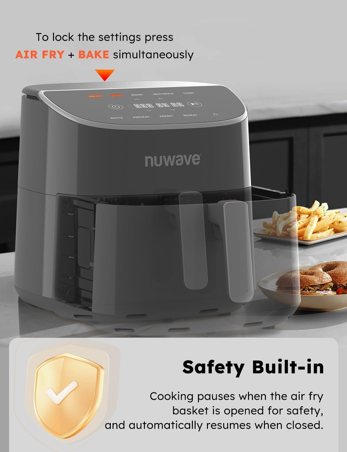 Nuwave Brio Plus 8 Qt Air Fryer, PFAS Free, New & Improved, Digital Touch Screen, Cool White Display, 50°F~400°F in Precise 5°, 5 Cook Functions, 100 Presets & 50 Memory, 3 Wattages 700, 1500, 1800 - Image 4