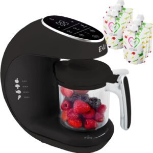 EVLA’S Baby Food Maker, Steamer, Blender, Baby Food Processor for Healthy Homemade Baby Food in Minutes, Touch Screen with 6 Reusable Food Pouches, Baby Registry Essential, Dark Grey