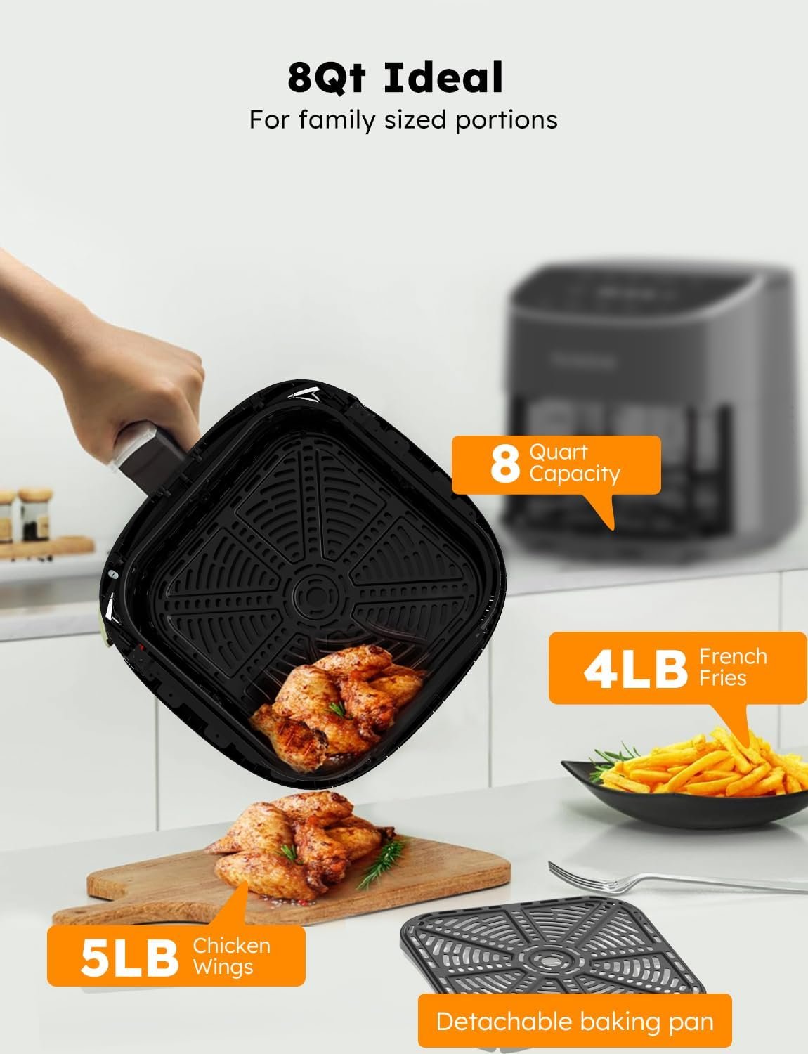 Nuwave Brio Plus 8 Qt Air Fryer, PFAS Free, New & Improved, Digital Touch Screen, Cool White Display, 50°F~400°F in Precise 5°, 5 Cook Functions, 100 Presets & 50 Memory, 3 Wattages 700, 1500, 1800 - Image 5