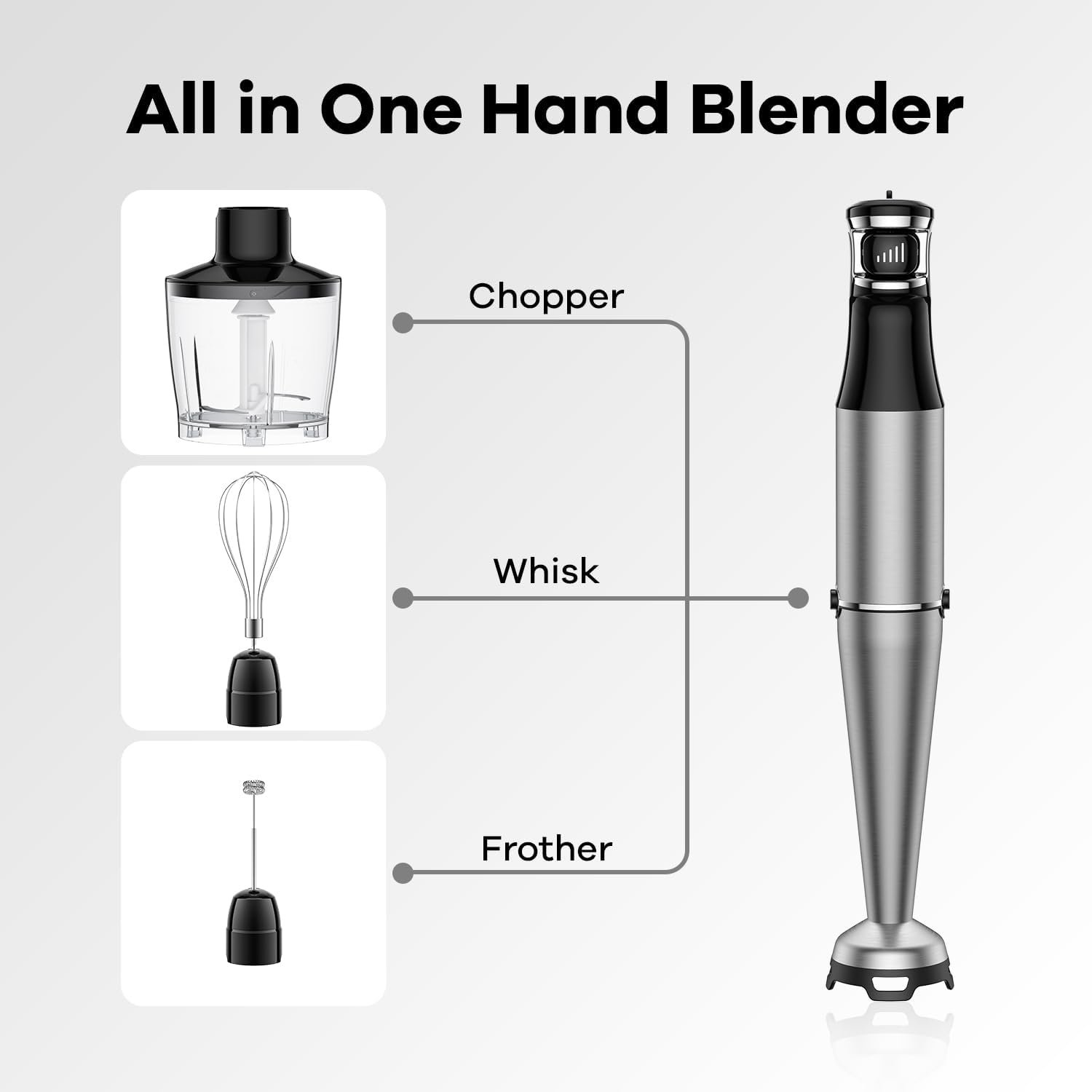 Immersion Hand Blender 5 in 1: 800W Electric Blender Handheld Stick Mixer with Trigger Control Grip, Emulsion Blenders for Kitchen Soup, Mayo, Smoothie and Baby Food, with Chopper, Whisk and Frother - Image 4