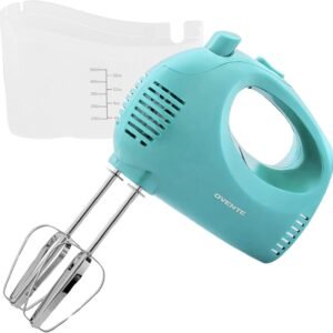 OVENTE 5-Speed Electric Hand Mixer with Stainless Steel Mixing Whisk, Snap-On Storage Case, Portable & Lightweight 150W Motor, Compact Handheld Mixer for Baking, Blending or Cooking, Turquoise HM151T