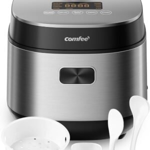 COMFEE’ Compact Rice Cooker 8 Cups Cooked/4 Cups Uncooked, 9-in-1 Multi Cooker, Fast Rice Maker, Steam, Brown Rice, Grains, Fuzzy Logic Technology, Grey