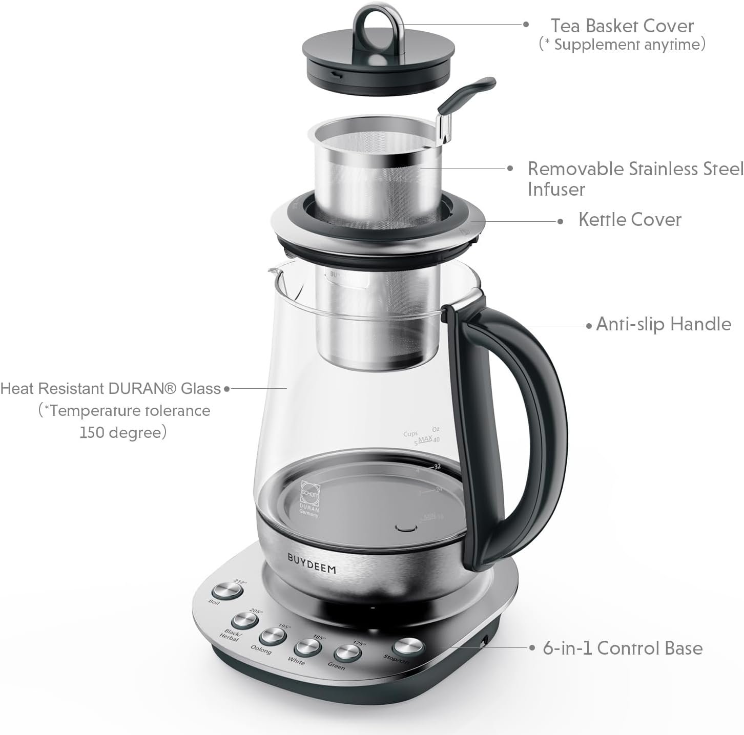 BUYDEEM K2423 Tea Maker, 316 Stainless Steel & Heat Resistant DURAN Glass Electric Kettle, Removable Infuser, Auto Keep Warm, 1.2L - Image 3