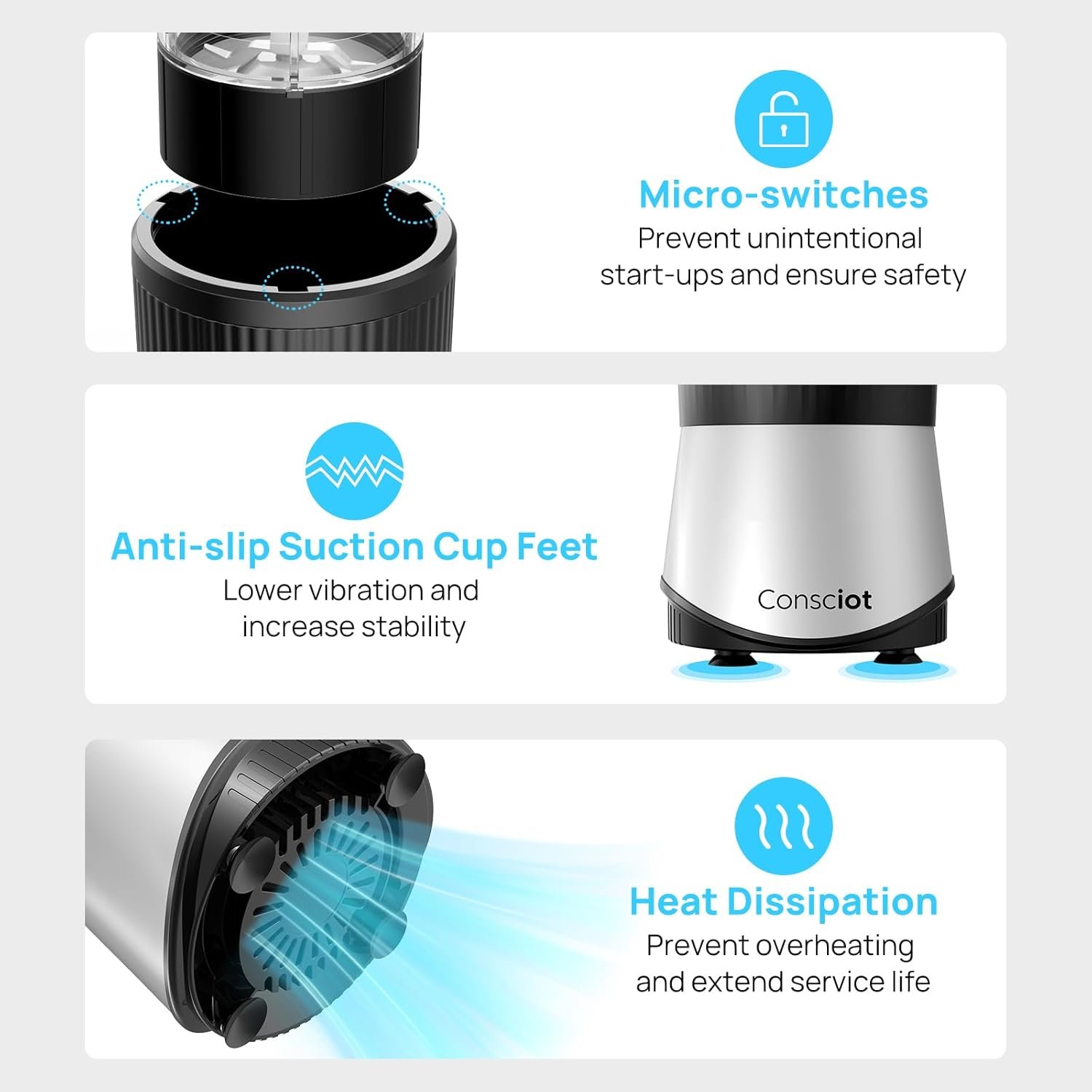 Consciot CB08 11-Piece Blender for Kitchen and Personal Size, Blend Shakes and Smoothies, Frozen Drinks, Baby Food, Spreads & More, 3 Portable To-Go Cups & 2 Spout Lids & 1 Solid Lid, 900 Peak Watts - Image 5