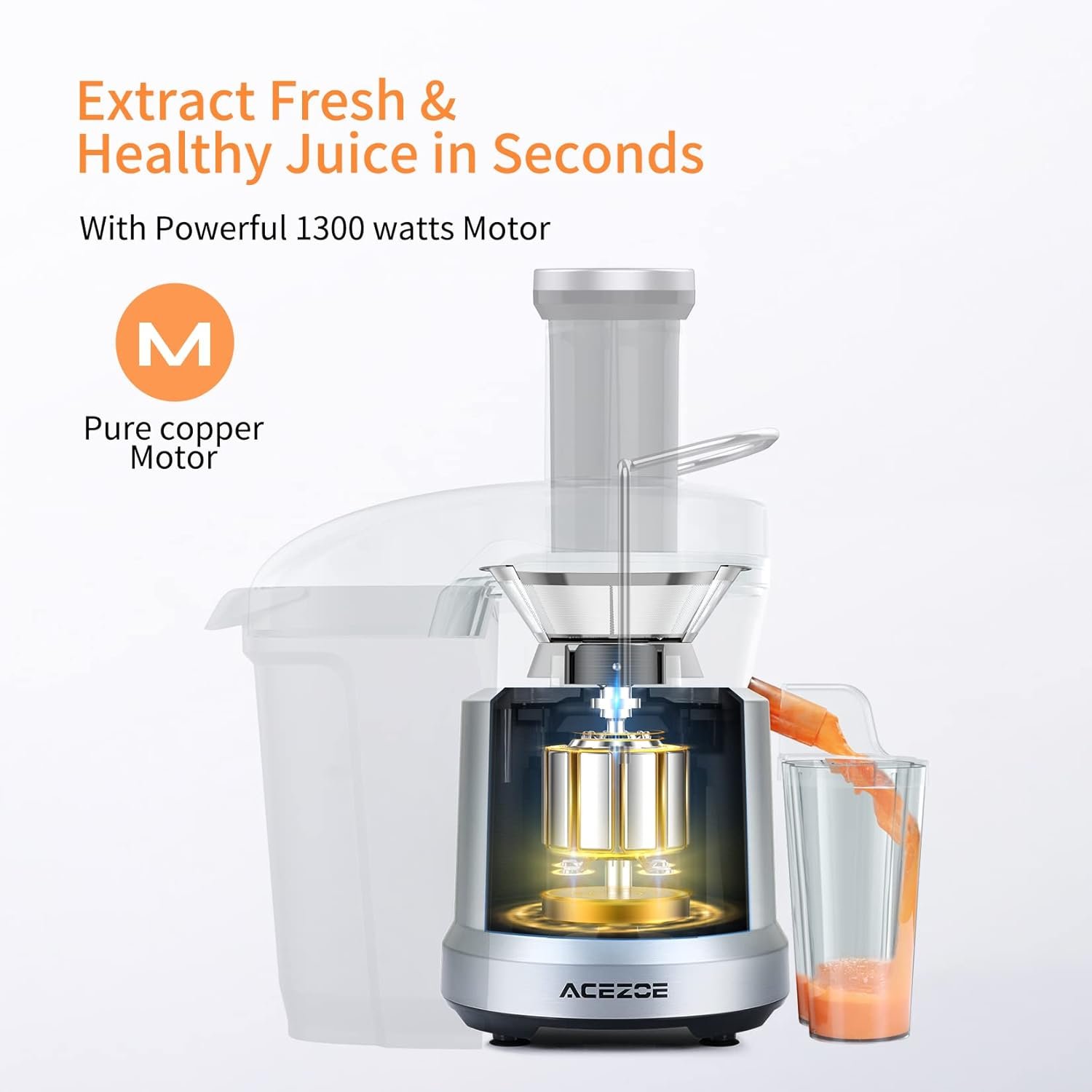 Juicer Vegetable and Fruit, High-Power Juicers Extractor with 3 Feed Chute, 1300W, Centrifugal Juicer with High Juice Yield, Easy to Assemble and Clean&BPA-Free, Dishwasher Safe, Brush Included - Image 5