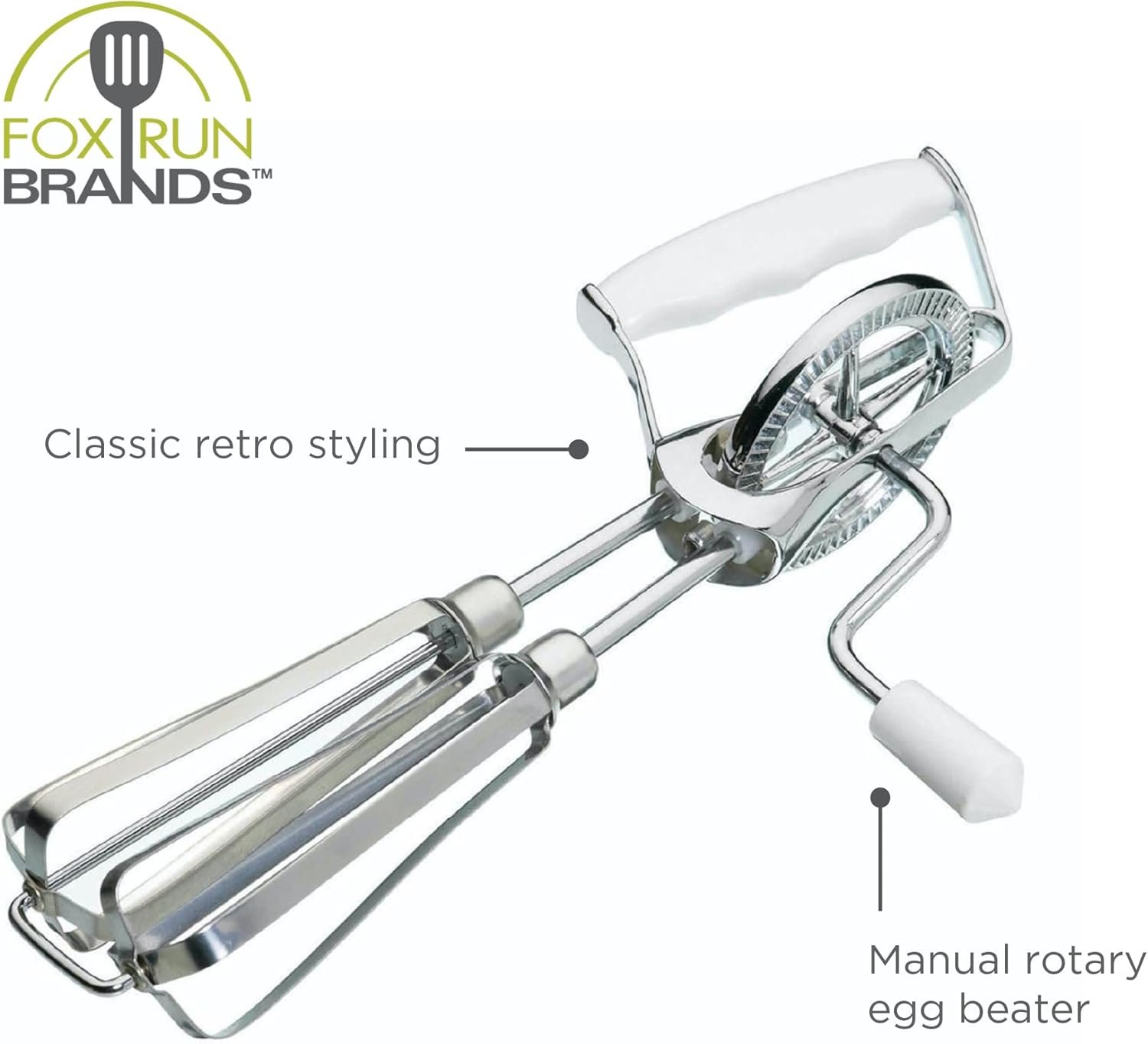 Fox Run Stainless Steel Manual Hand Mixer, White Retro Style Egg Beater, 10" x 5" - Image 5