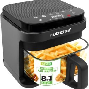 Nutrichef 5.8 Quart Air Fryer | 8-1 Preset Cook Modes | Transparent Fry Bowl for Best Cooking Results | Cook Shrimp, Steak, Fries, Wings, Chicken & More | Precise Temperature Control & Time | Grey