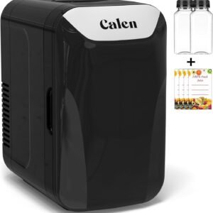 CALEN Mini Fridge with 2 Bottles, 6L/8 Cans Mini Fridge for Bedroom, Skincare Fridge 110V AC/12V DC Small Refrigerator for Food, Beverages, Cosmetics, Portable Mini Refrigerator for Office, Dorm, Car
