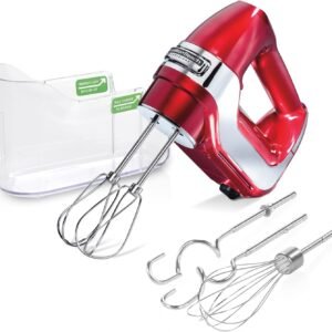 Hamilton Beach Professional 5-Speed Electric Hand Mixer with High-Performance DC Motor, Slow Start, Snap-On Storage Case, Stainless Steel Beaters, Dough Hooks & Whisk, Red and Chrome (62653)