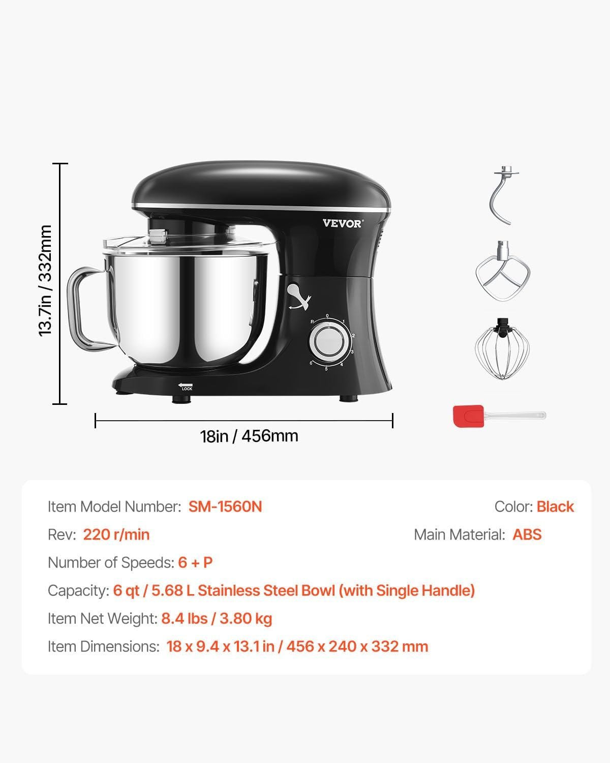VEVOR Stand Mixer, 6 QT Dough Mixer, 660W 6 + P Speeds Tilt-head Food Mixer with Stainless Steel Bowl, Dough Hook, Wire Whip, Flat Beater, Scraper,Household Stand Mixer for Baking & Mixing, Black - Image 7