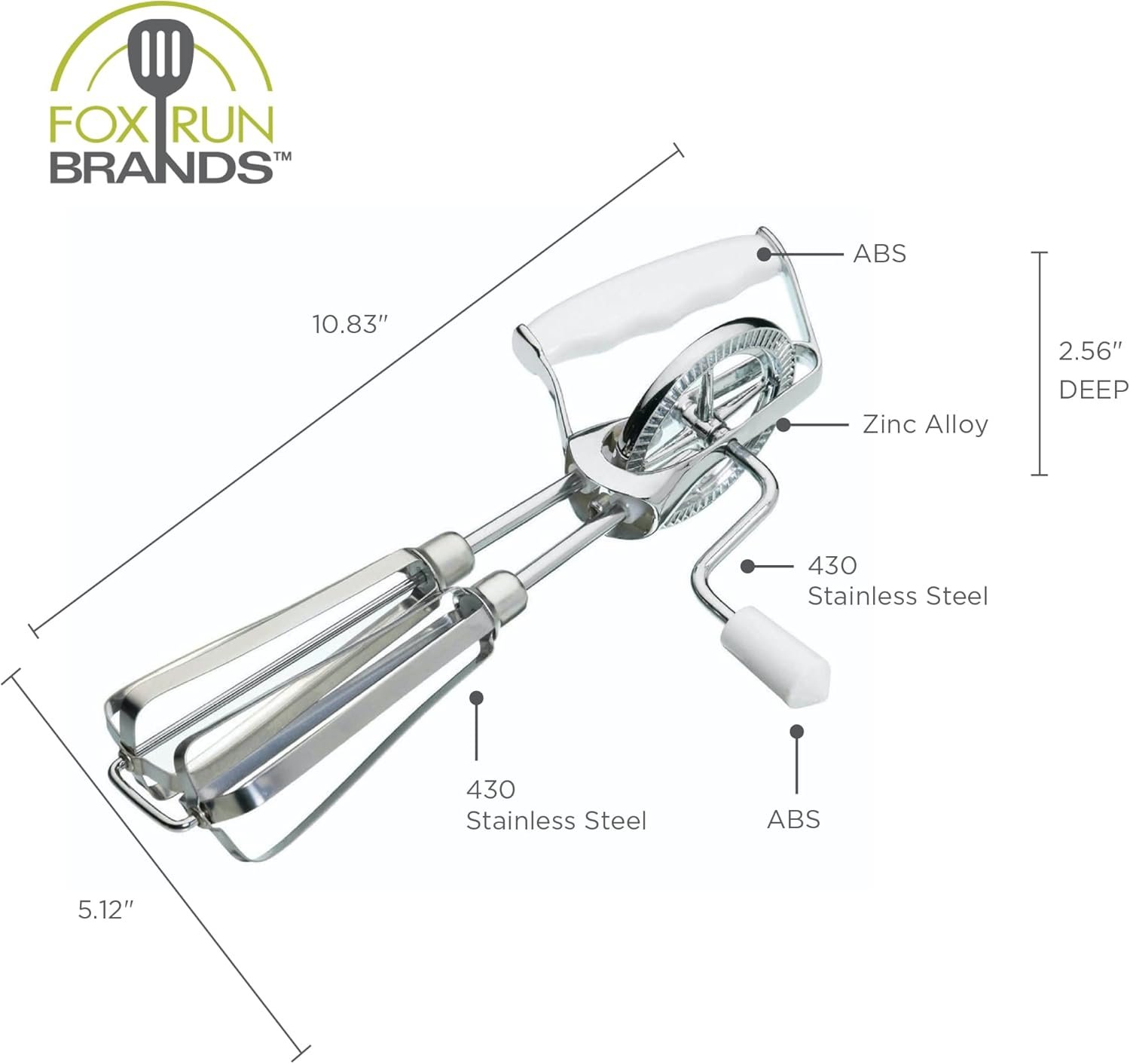 Fox Run Stainless Steel Manual Hand Mixer, White Retro Style Egg Beater, 10" x 5" - Image 6