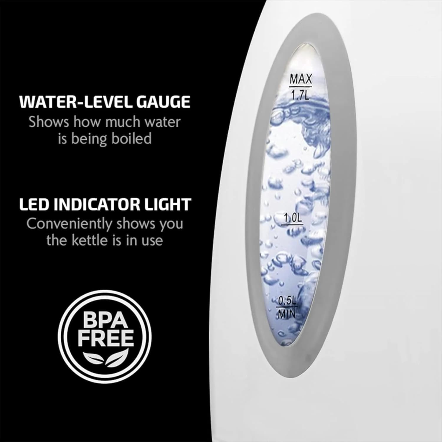 OVENTE Electric Kettle, 1.7L Fast Boiling Water Heater for Coffee or Tea, BPA Free with Water Level Gauge, Auto Shut-Off, Boil-Dry Protection, Indicator Light and Removable Filter, White KP72W - Image 3