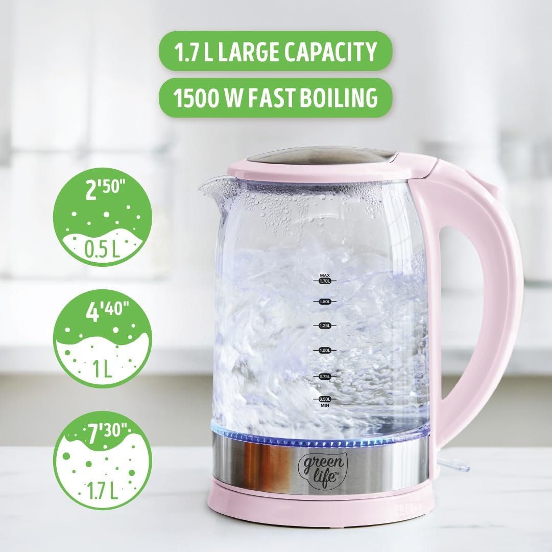 GreenLife 1.7 Liter Glass Electric Kettle, Easy One Touch Use, Quick Heating, Filtered Spout, LED Base, Auto Shut-Off, Cordless Serving, Coffee and Tea, Pink - Image 6