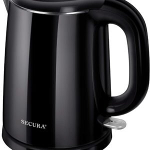 Secura Stainless Steel Double Wall Electric Kettle Water Heater for Tea Coffee w/Auto Shut-Off and Boil-Dry Protection, 1.0L (Black) SWK-1001DB/HB-K012