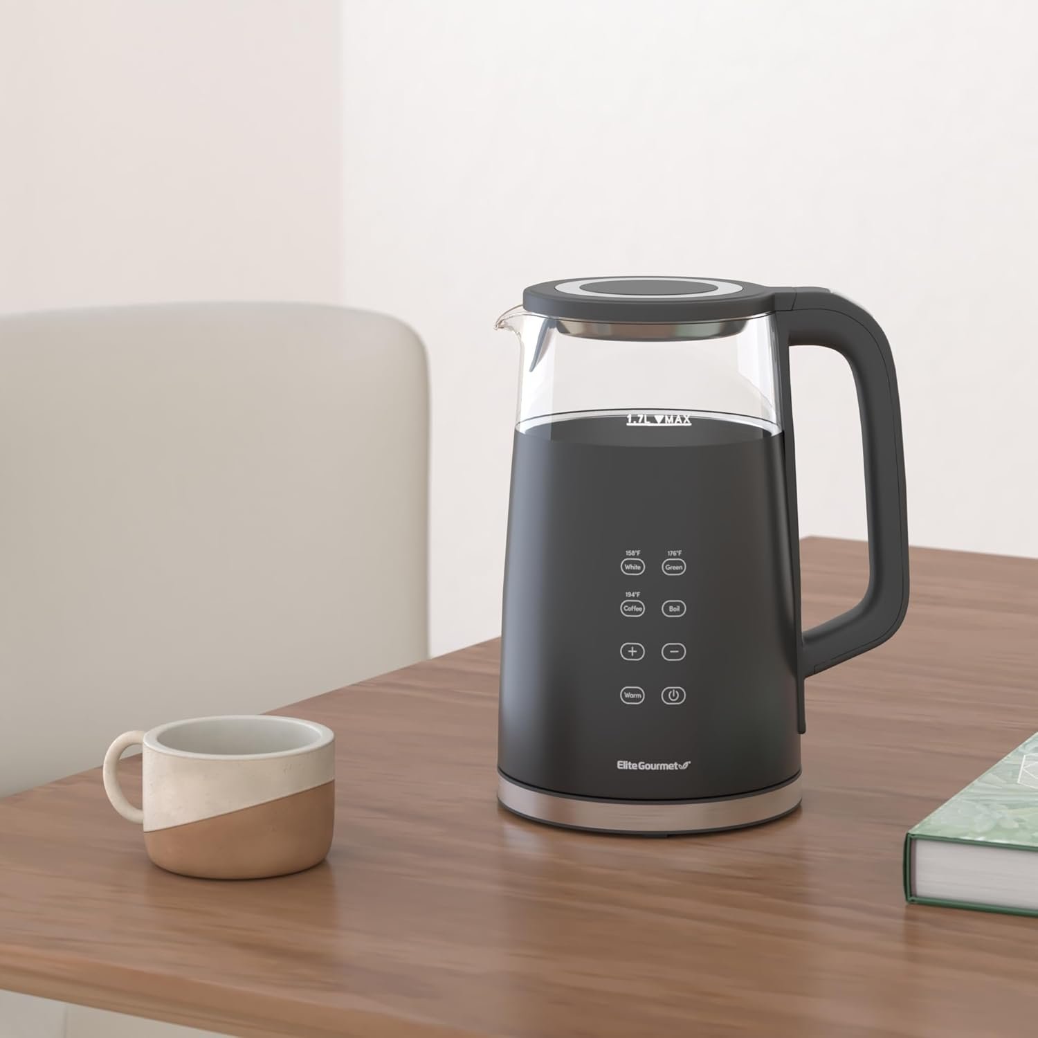 Elite Gourmet EKT8717 1.7L Dual Wall Cool Touch Electric Tea Kettle, Borosilicate Glass, 304 Stainless Steel Interior, Programmed Digital Touchscreen, Keep Warm, Auto Off & Audible Indicator, Black - Image 2