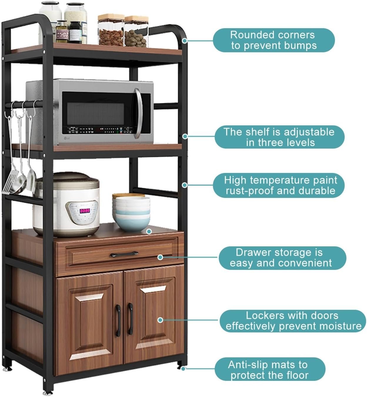 Microwave Stand with Storage Cabinet, Kitchen Baker's Rack, Utility Sideboard Shelf for Kitchen, Living Room & Bedroom, Space-Saving Microwave Oven Rack - Brown - Image 3