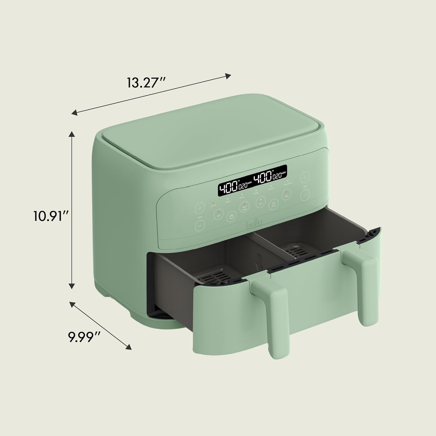 bella 4 Qt TriZone Air Fryer, EverGood™ Ceramic Nonstick Coating, Dual Basket Design w Removable Divider, Digital Touchscreen Control w 6 Preset Cooking Options, 1200 Watt, 3lb Capacity, Seaglass - Image 8