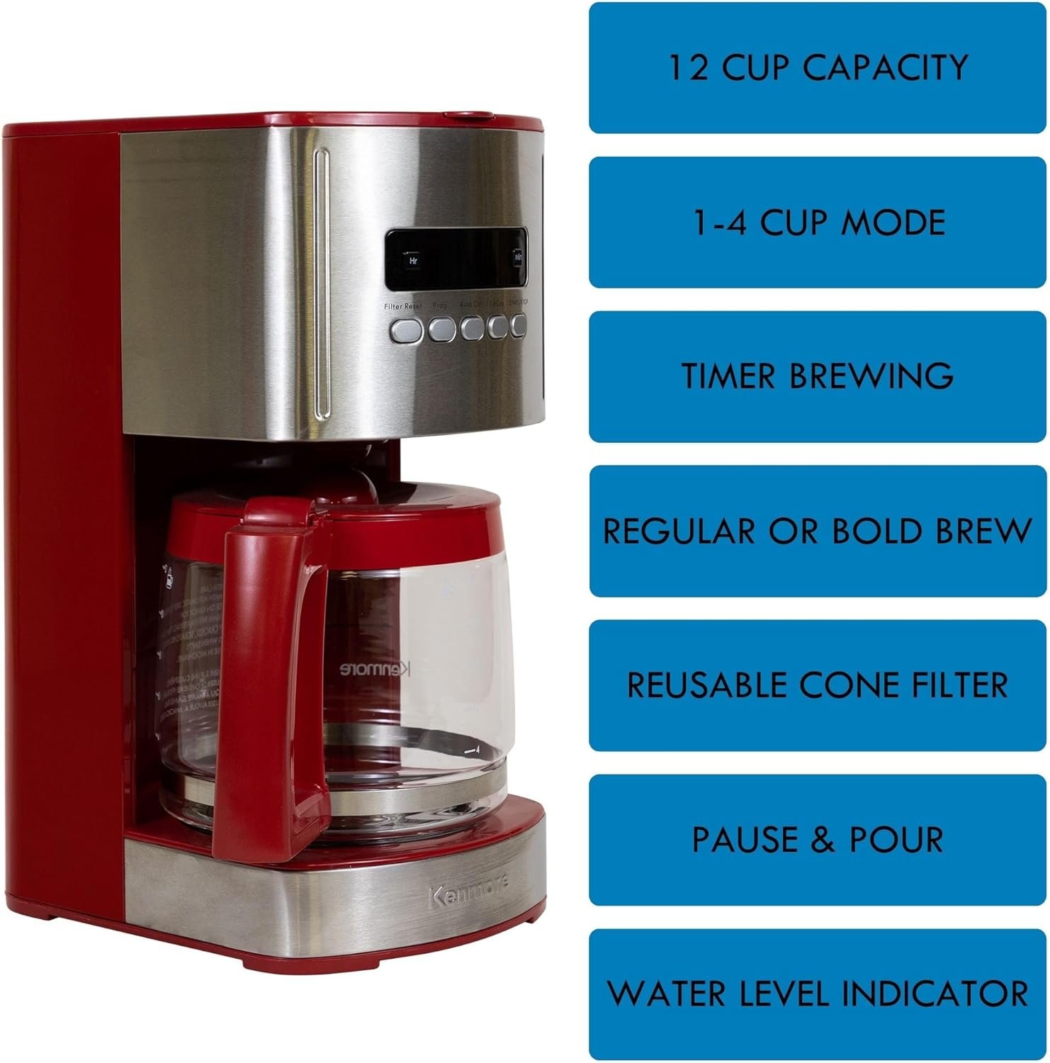 Kenmore Coffee Maker 12 cup Drip Coffee Machine Reusable Filter Programmable Timer Digital Display Aroma Control Glass Carafe Charcoal Water Filter Regular Bold Stainless Steel and Red - Image 3