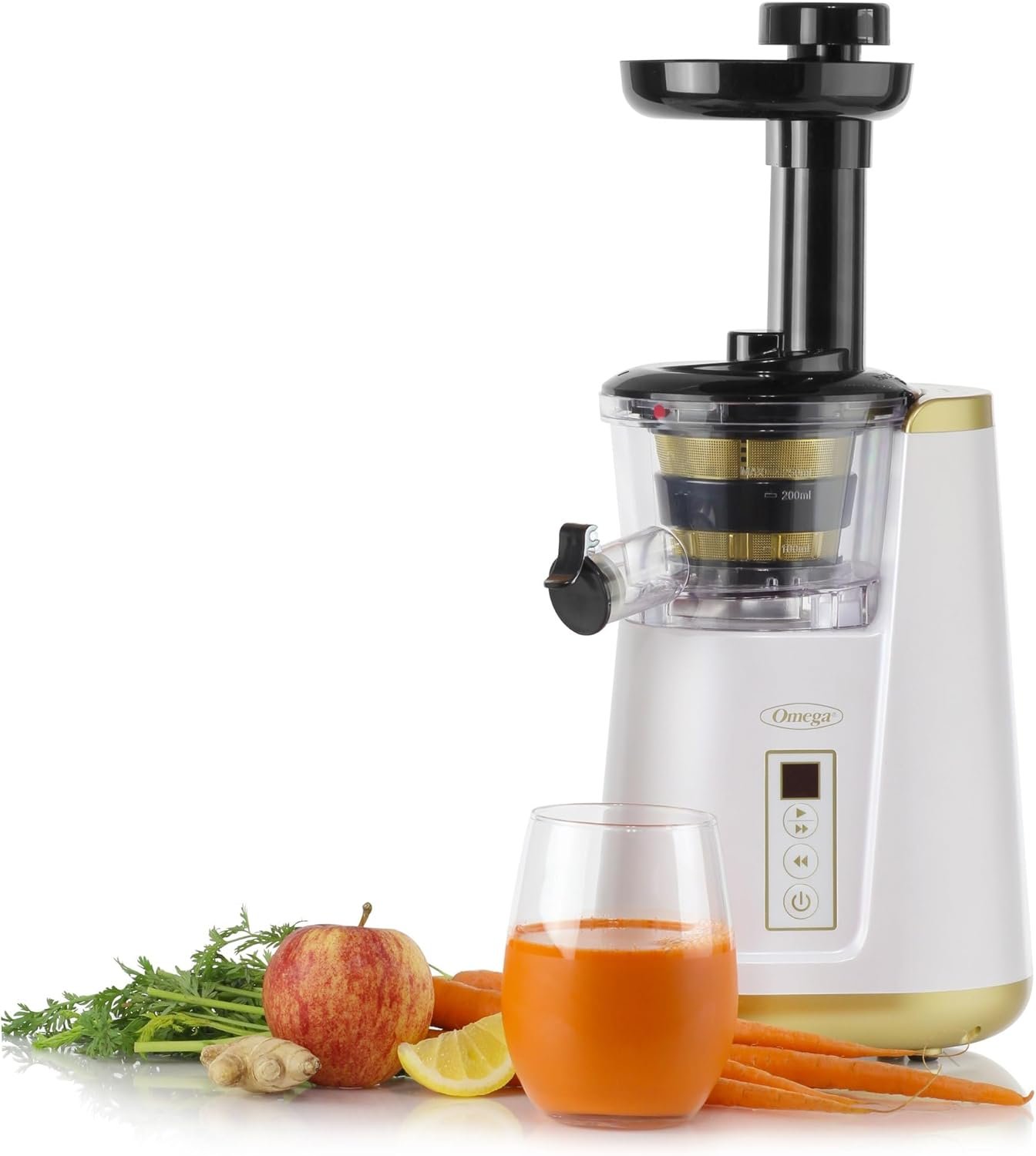 Omega Juicer Cold Press 365 Vertical 65 RPM Slow Masticating Compact Extractor for Fruits and Vegetables with 3 Stage Auger & BPA-Free Container, 150-Watts, White - Image 4