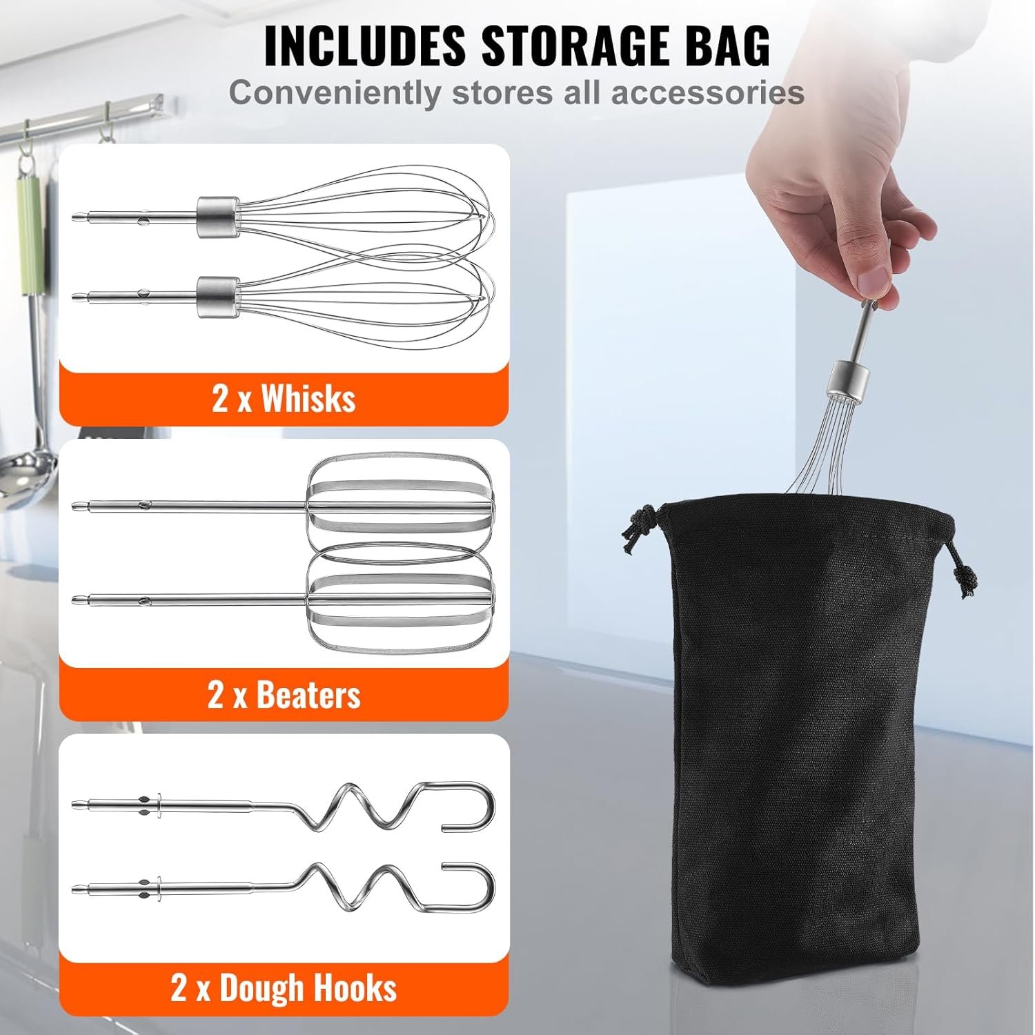 VEVOR Digital Electric Hand Mixer, 5-Speed, 200W Portable Electric Handheld Mixer, with Turbo Boost Beaters Dough Hooks Whisks Storage Bag, Baking Supplies for Whipping Mixing Egg Cookie Cake Cream - Image 4