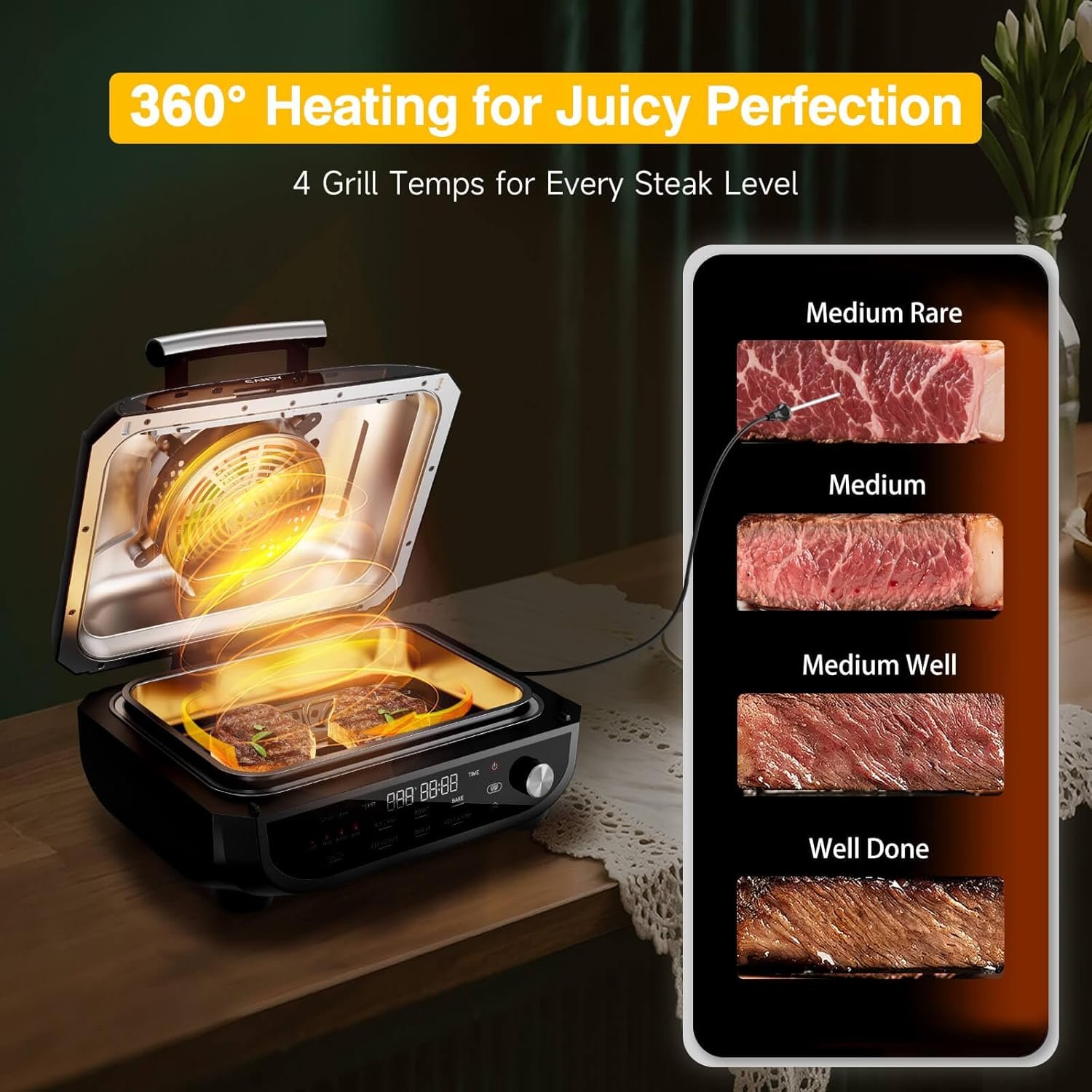 CANDY™ Indoor Grill and Air Fryer Combo with Ceramic Accessories, 7-IN-1 Digital Display, 360° Heating Electric, 500°F Max, Large Viewing Window, Roast, Bake & Dehydrate, Adjustable Temps, Easy Clean - Image 3