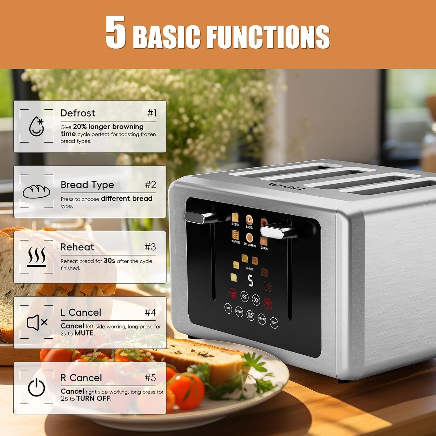 whall 4 Slice Touch Screen Toaster, Stainless Steel Toasters Digital Timer, Dual Control Panel Toasters,6 Shade Settings&6 Bread Types, Smart Wide Slots, Bagel, Cancel, Defrost,Flat Lever Silver - Image 3
