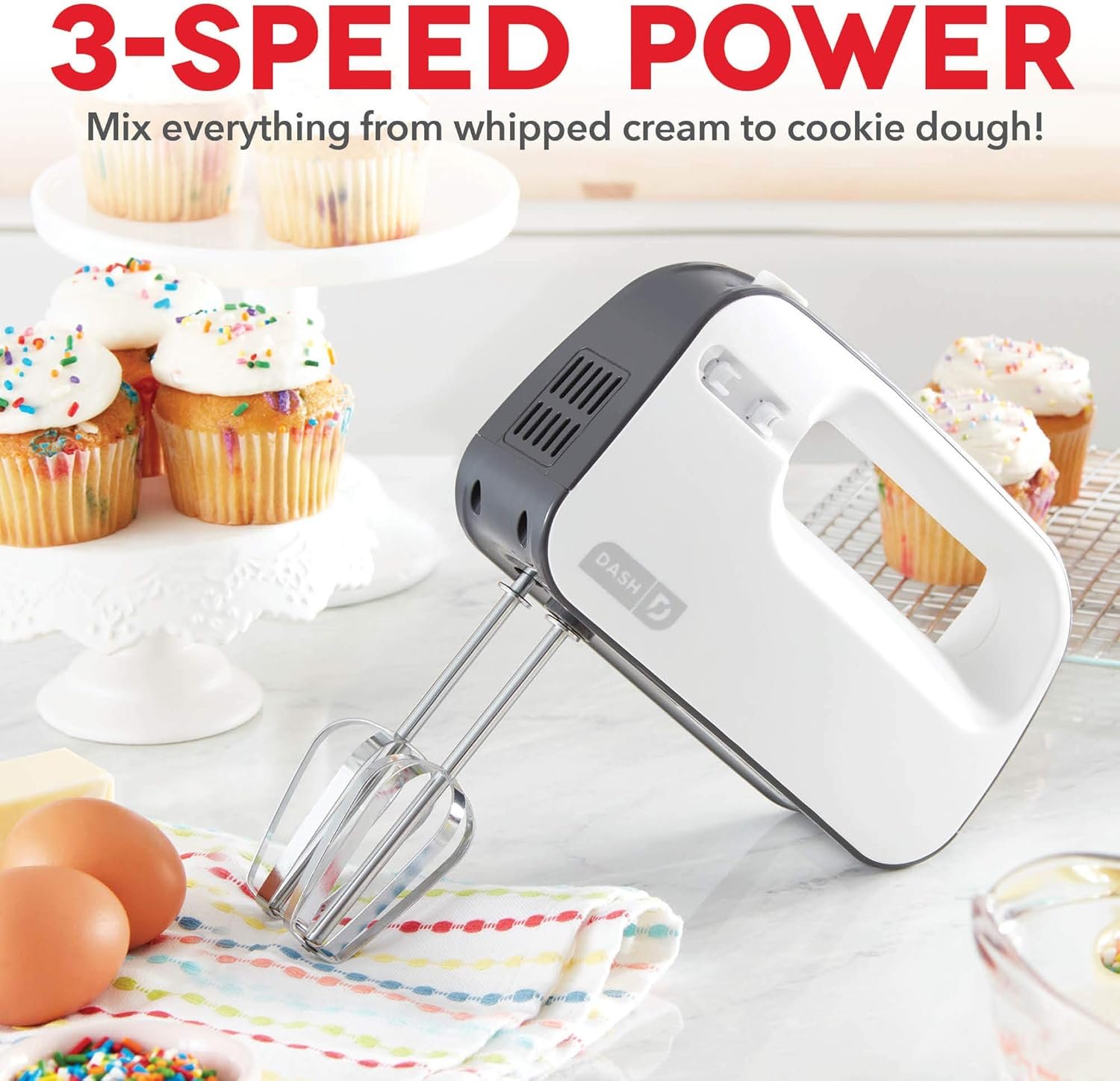 Dash SmartStore™ Deluxe Compact Electric Hand Mixer + Whisk and Milkshake Attachment for Whipping, Mixing Cookies, Brownies, Cakes, Dough, Batters, Meringues & More, 3 Speed, 150-Watt – Grey - Image 2