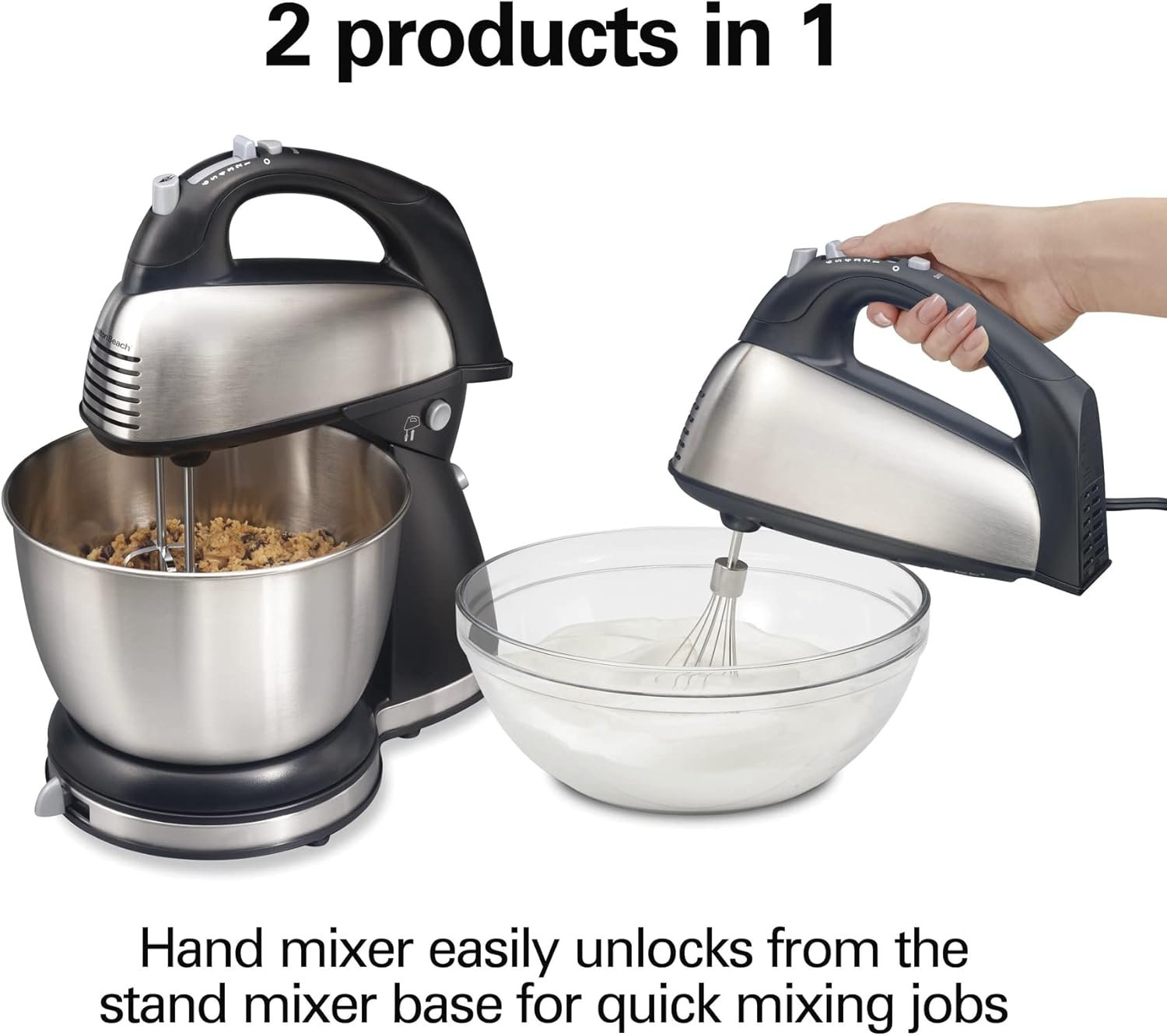 Hamilton Beach 6-Speed Electric Hand Mixer with Whisk, Traditional Beaters & Classic Stand and Hand Mixer, 4 Quarts, 6 Speeds with QuickBurst, Bowl Rest, 290 Watts Peak Power, Black and Stainless - Image 6