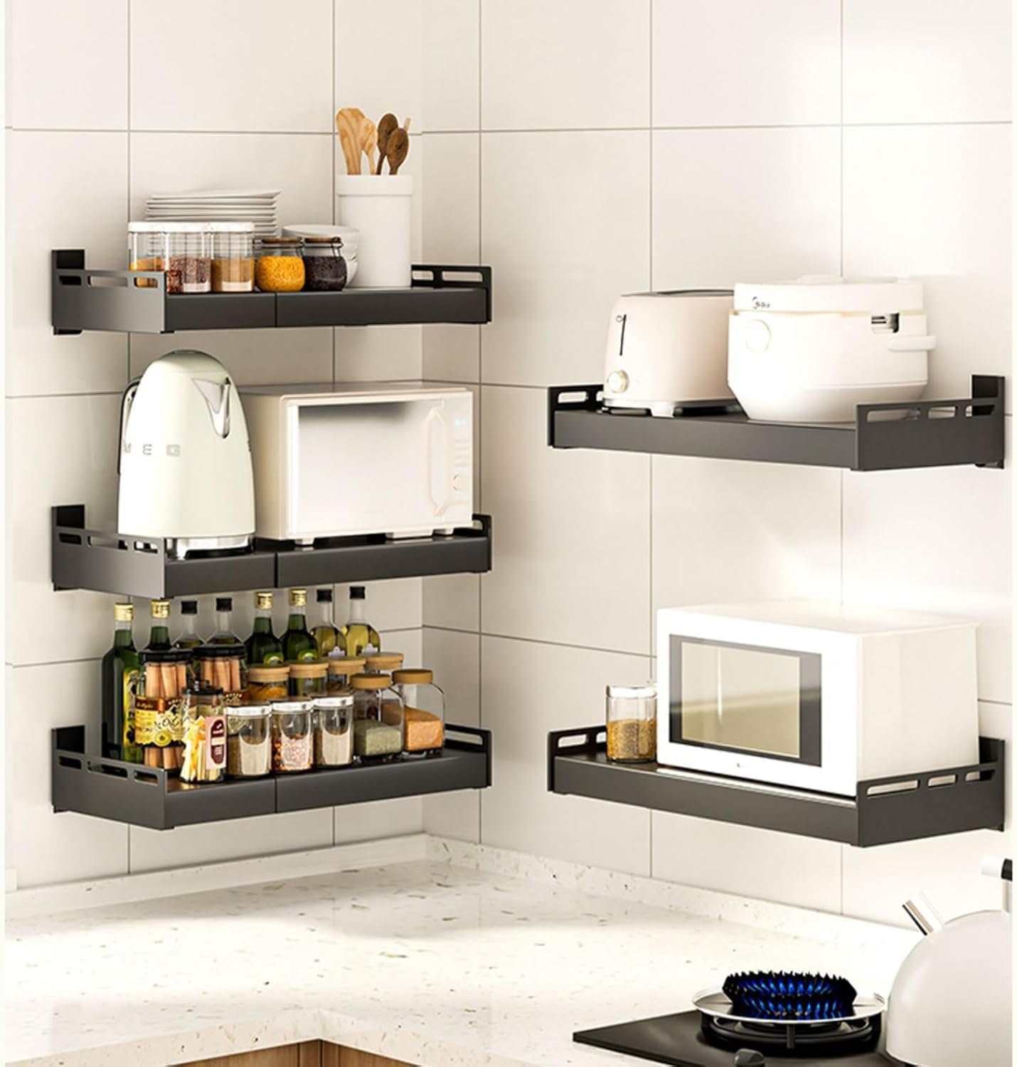 Adjustable Microwave Stand - Space-Saving Wall-Mounted Rack for Kitchen Storage, Versatile Microwave Oven Shelf, Sturdy and Efficient Microwave Rack for Small Spaces - Image 6