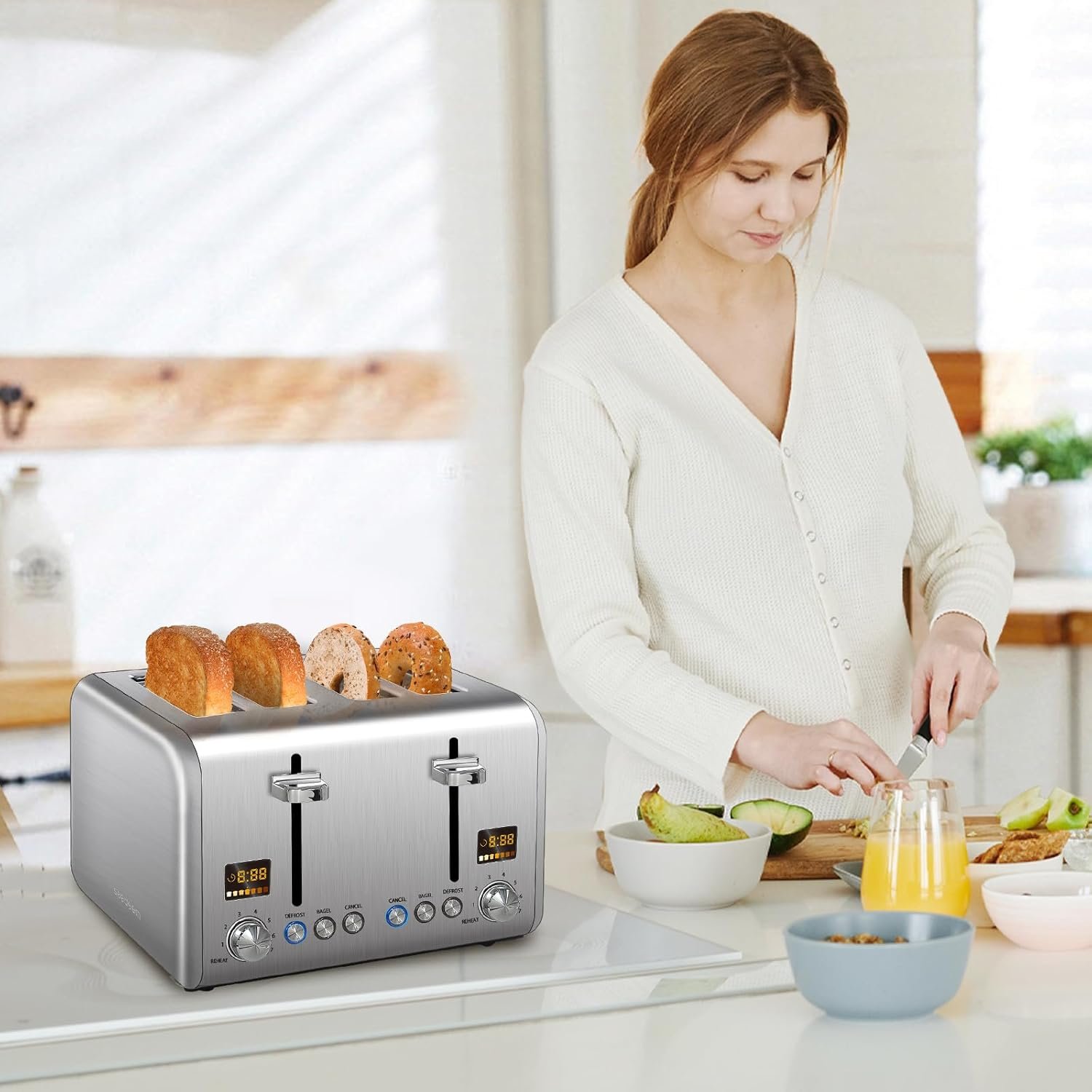 SEEDEEM 4 Slice Stainless Toaster - Color LCD Display, 7 Shade Settings, 1.5'' Wide Slots with Bagel/Defrost/Reheat Functions, Removable Crumb Tray, Silver Metallic, 1800W - Image 7