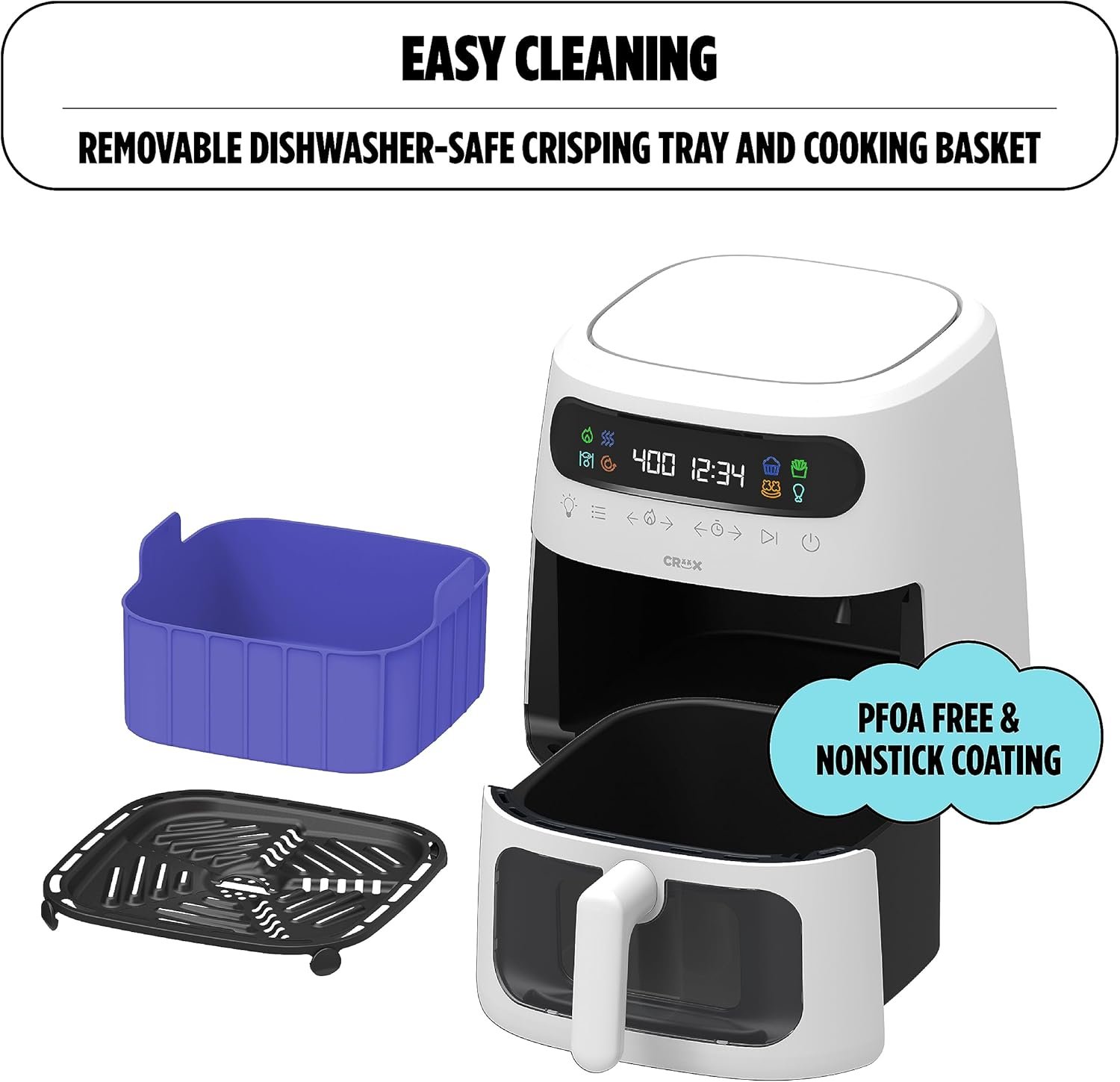 CRUX x Marshmello 8.0 QT Digital Air Fryer with TurboCrisp Technology, Touch Screen Temperature Control, Timer and Auto Shut-off, Fully Programmable, White - Image 4