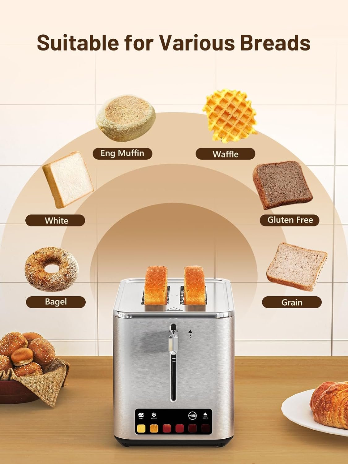 Touch Screen 2-Slice Toaster with 6 Browning Levels, Bagel & Defrost Mode, Wide 1.5" Slots, Stainless Steel, Removable Crumb Tray, Even Toasting, 850W Smart Toaster for Bagels & Waffles - Image 3