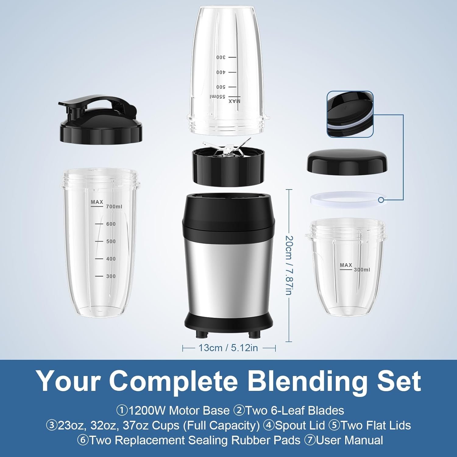 12-Piece Smoothie Blender Maker 25,000 RPM Personal Blender for Ice Crushing Smoothies & Frozen Drinks Nuts with 23oz, 32oz, 37oz Portable Cups Two 6-Leaf Stainless Steel Blades, Silver - Image 7