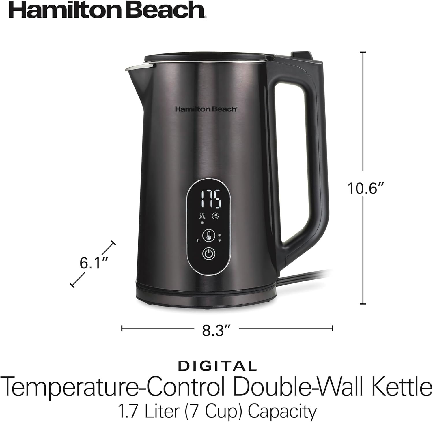 Hamilton Beach Digital Temperature Control Electric Tea Kettle, Hot Water Boiler & Heater 1.7L, 5 Preset Modes + Keep Warm, Fast Boil 1500 Watts, BPA Free, Double Wall Construction, Black (40851) - Image 8