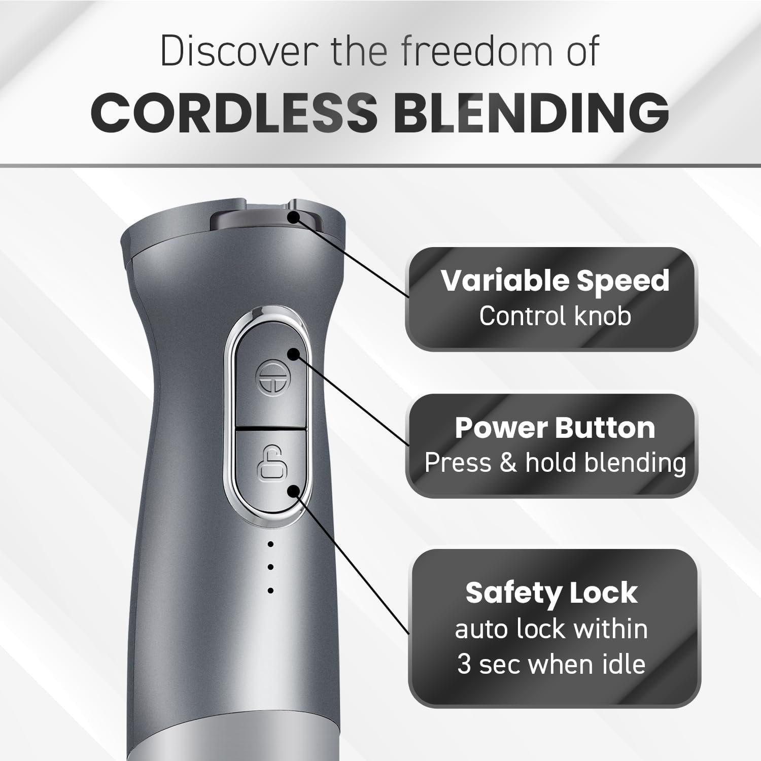 Elite Gourmet EHB1300 Cordless, Rechargeable Hand Blender, Variable Speed Blending with One-Touch Power Button, Stainless Steel Blades, Portable, Easy Control Stick Mixer, Baby Food, Charcoal Grey - Image 5