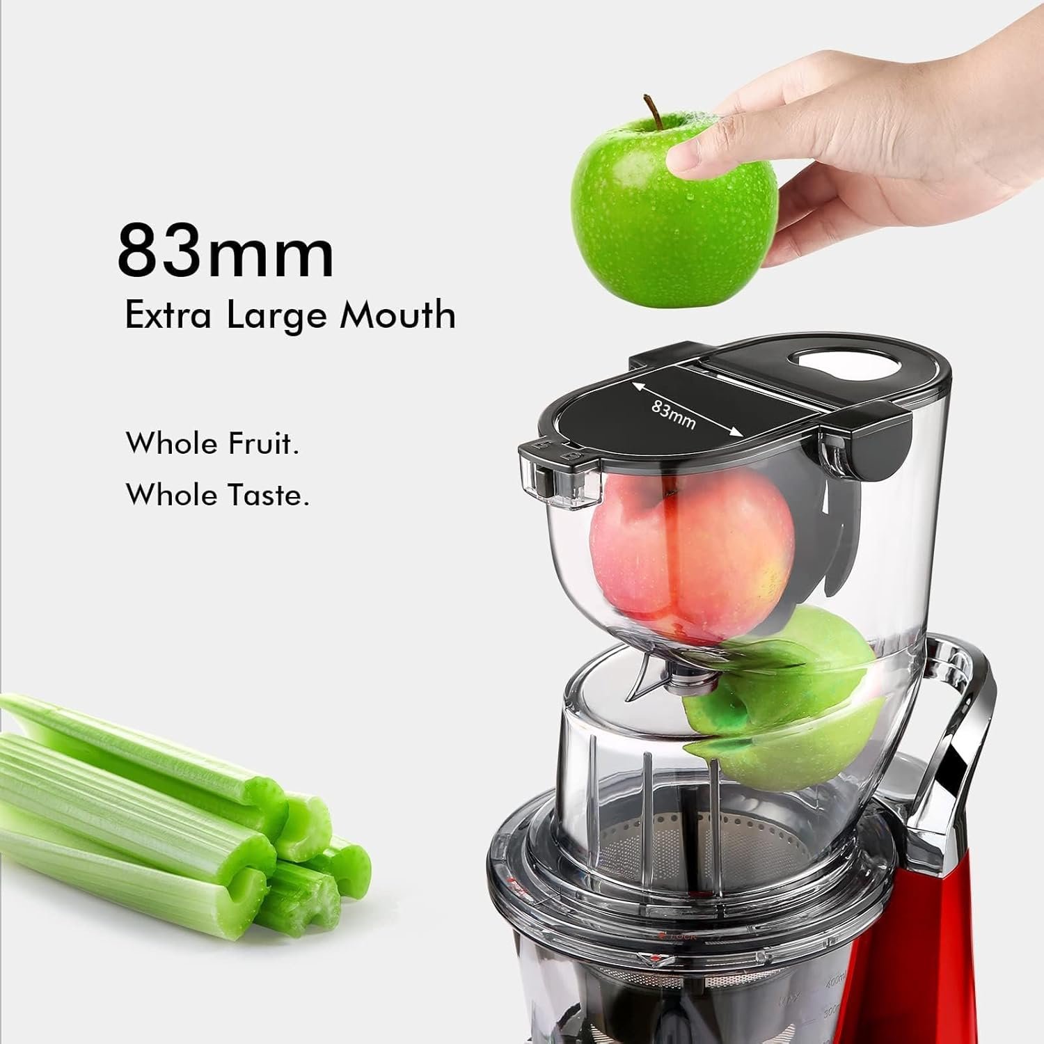 Cold Press Juicer Machine, SiFENE Slow Masticating Juicer, 83mm Wide Chute for Whole Fruits Vegetables, Easy to Clean, High Yield, Non BPA, Red - Image 4