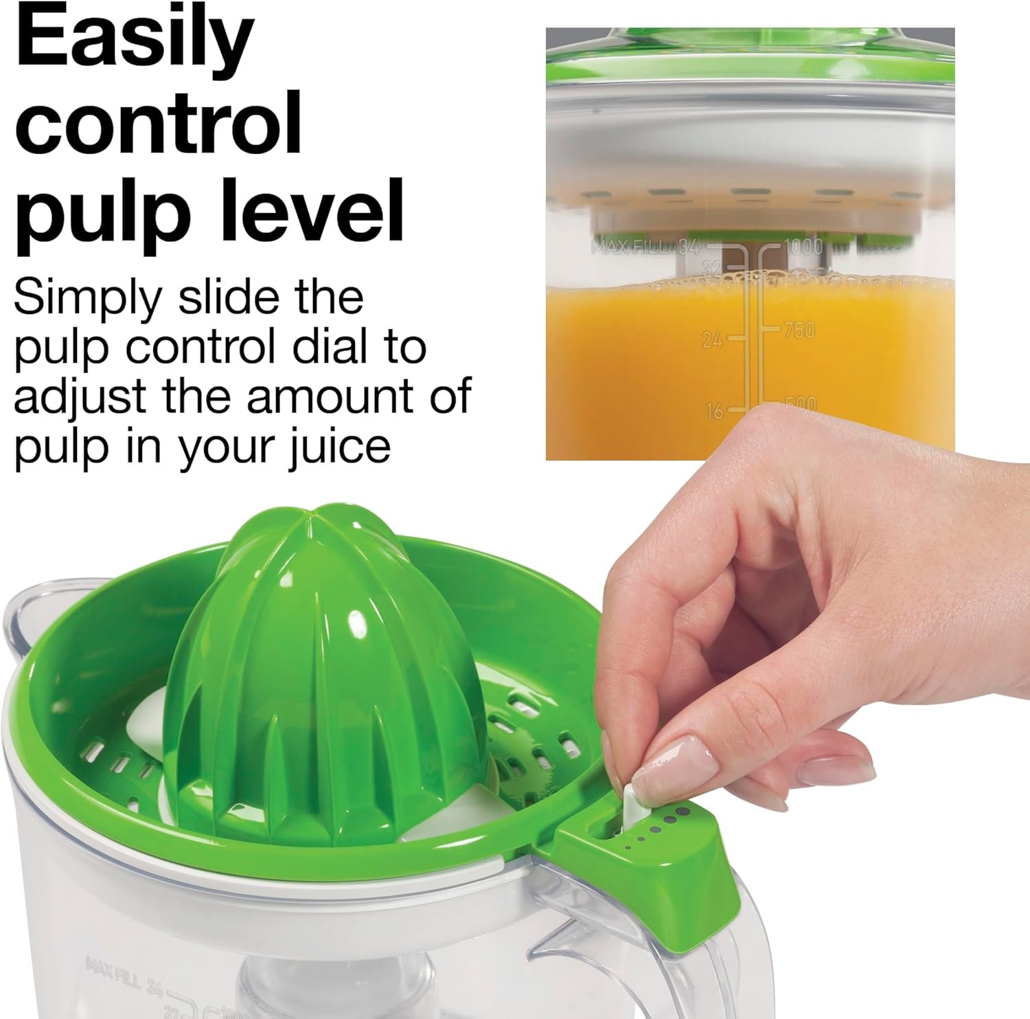 Proctor Silex Electric Citrus Juicer Machine, Large 34 oz. Pitcher, Pressure Activated, 2 Reamers for Big and Small Fruit, Pulp Control, for Orange, Lemon, Grapefruit Juice, White & Green (66340) - Image 6