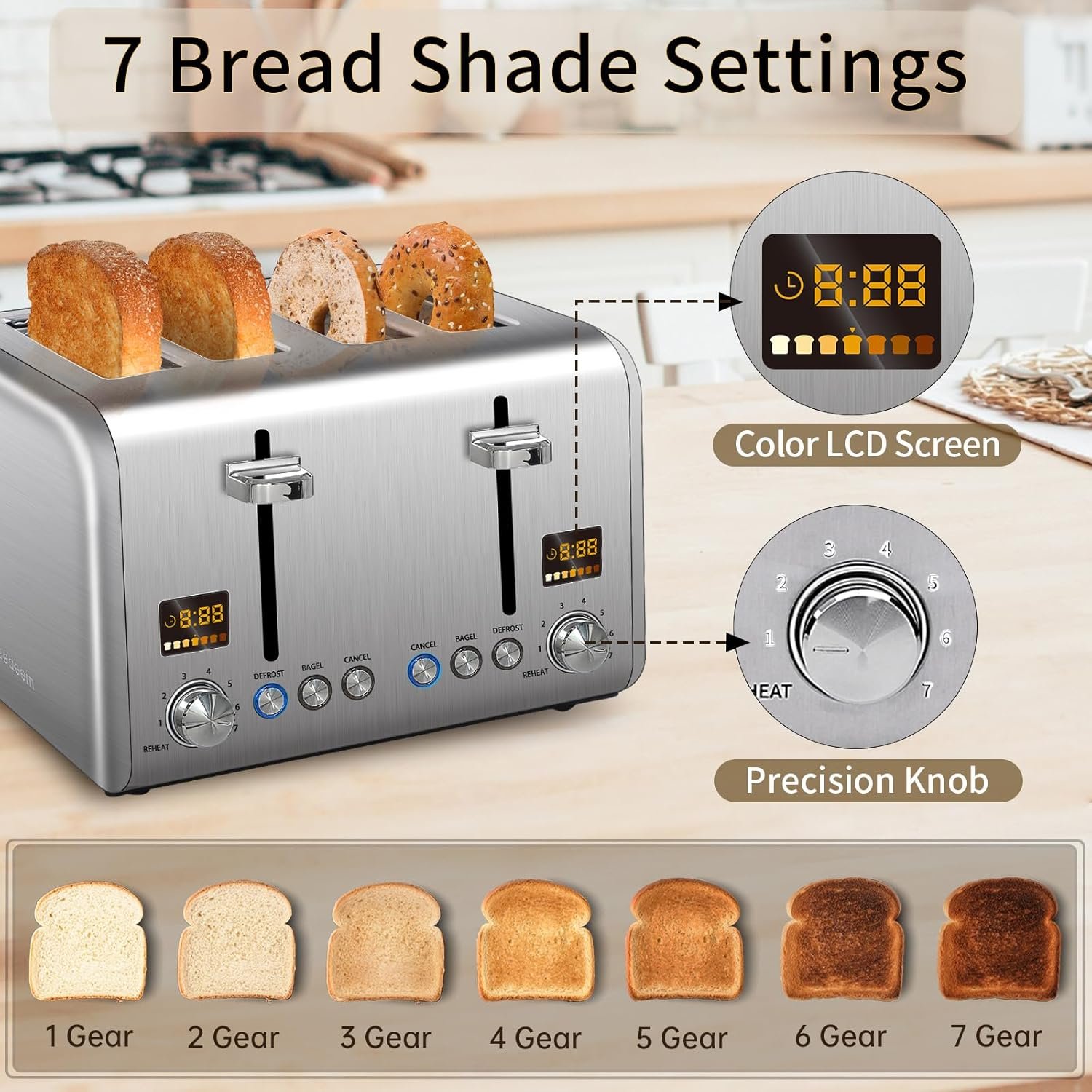 SEEDEEM 4 Slice Stainless Toaster - Color LCD Display, 7 Shade Settings, 1.5'' Wide Slots with Bagel/Defrost/Reheat Functions, Removable Crumb Tray, Silver Metallic, 1800W - Image 3