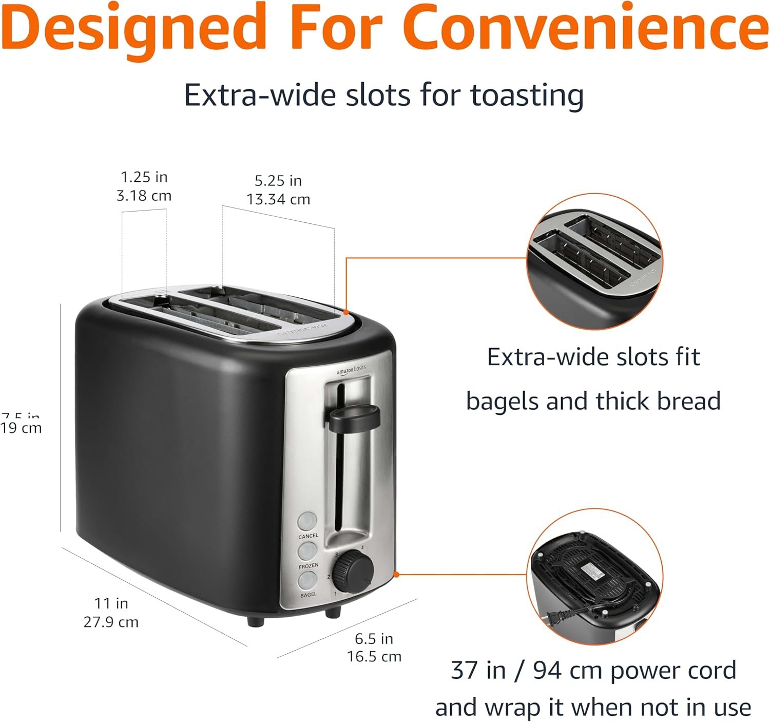 Amazon Basics 2 Slice Toaster, With 6 Browning Settings, Extra Wide Slots For Bagels and Special Breads, Removable Easy-to-Clean Crumb Tray, Cancel/Defrost/Bagel Buttons, 900W, Black & Silver - Image 3