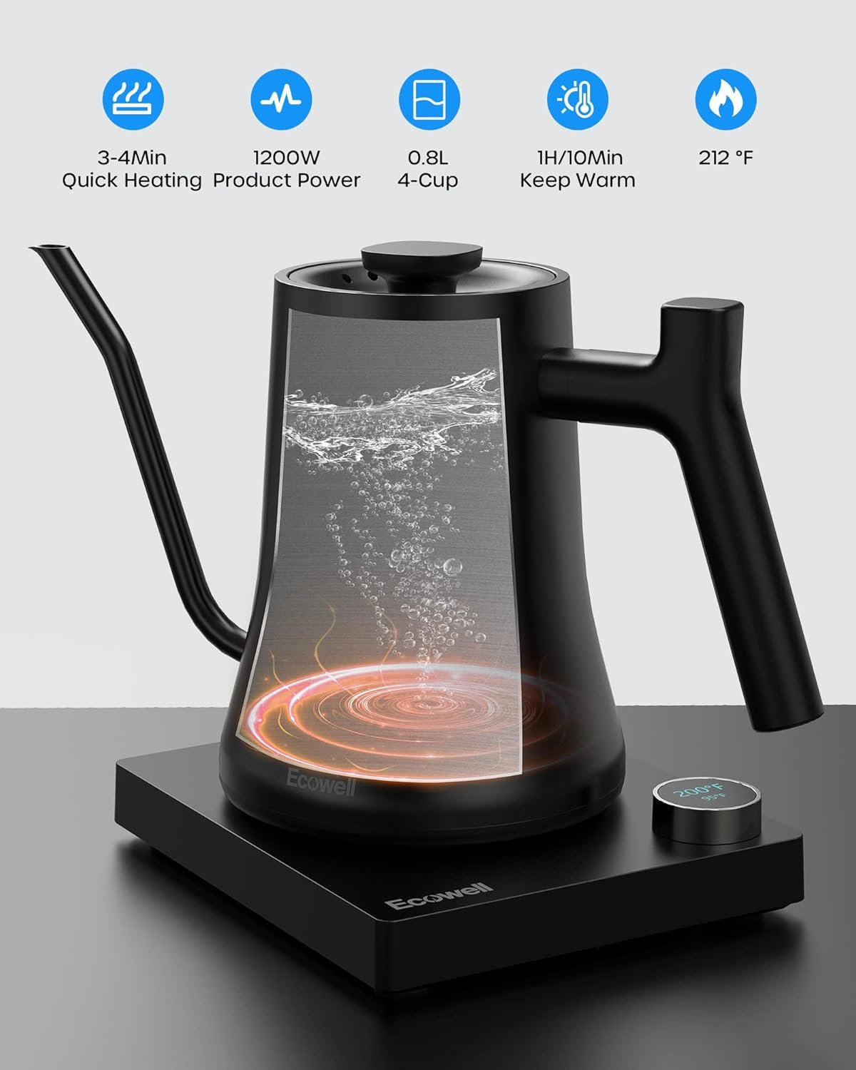 Ecowell WMTS01 Gooseneck Electric Kettle, 0.8L Stainless Steel Electric Tea Kettle with ±1℉ Precision Temperature Control, 1200W Fast Boiling Water Kettle with Auto Shut-Off & Keep Warm, Matte Black - Image 5